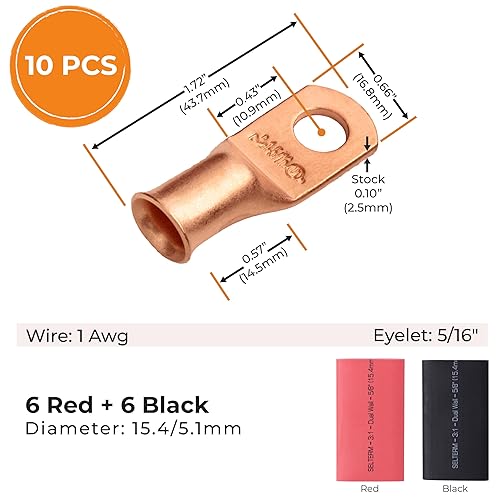 Miniatura 173 de SELTERM - 2 terminales de anillo resistentes para cable de batería, calibre 4 AWG, pernos de 3/8 pulgadas, terminales de calibre 4, ojales de cobre