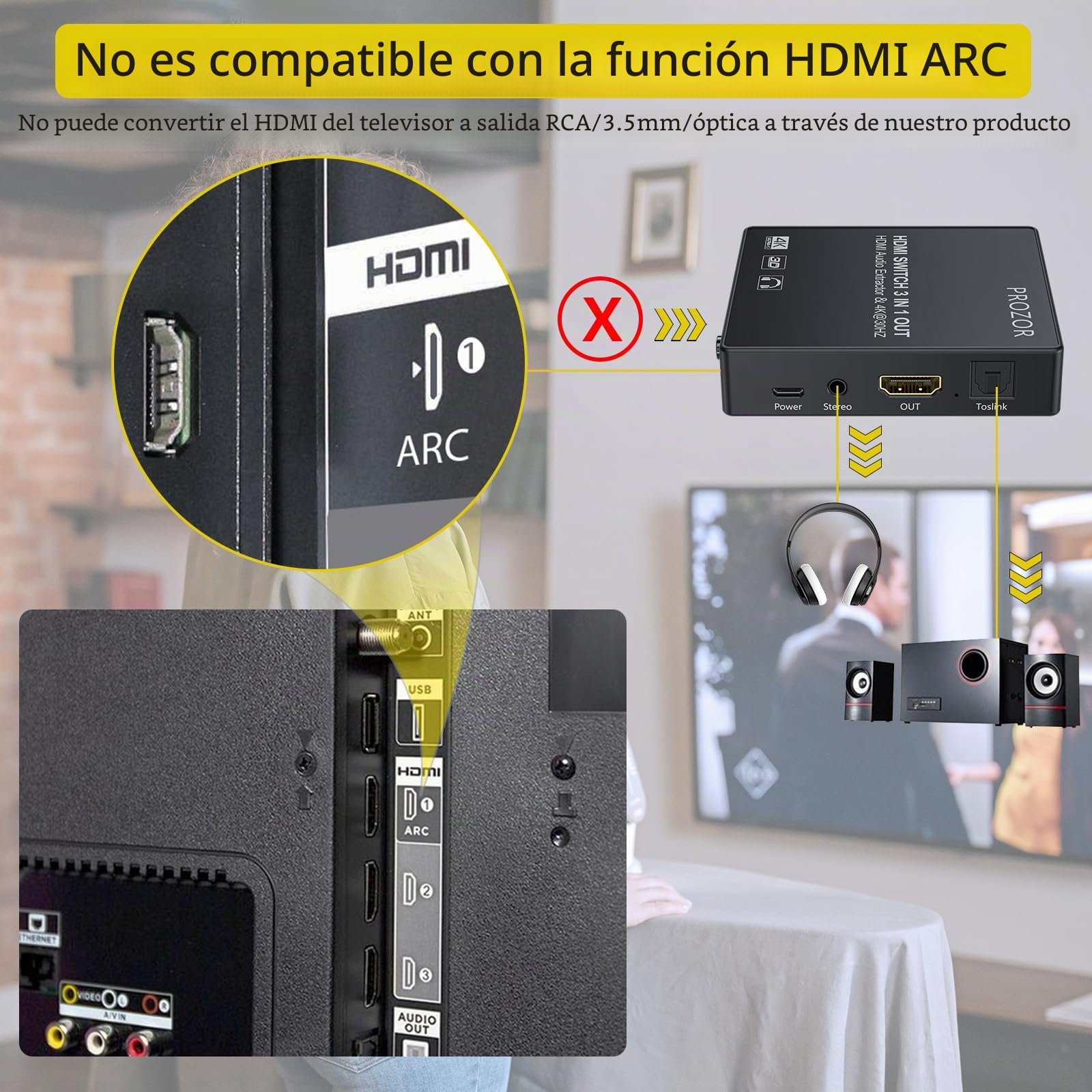 HDMI Convertidor Switch 3x1 con Extractor de Audio Salida Analógica Óptica Toslink SPDIF Soporte 4K 3D con Mando IR Cable HDMI Cable USB y 3.5mm Macho a 2 Cables Hembra RCA Para Blu-ray DVD PS4 TV