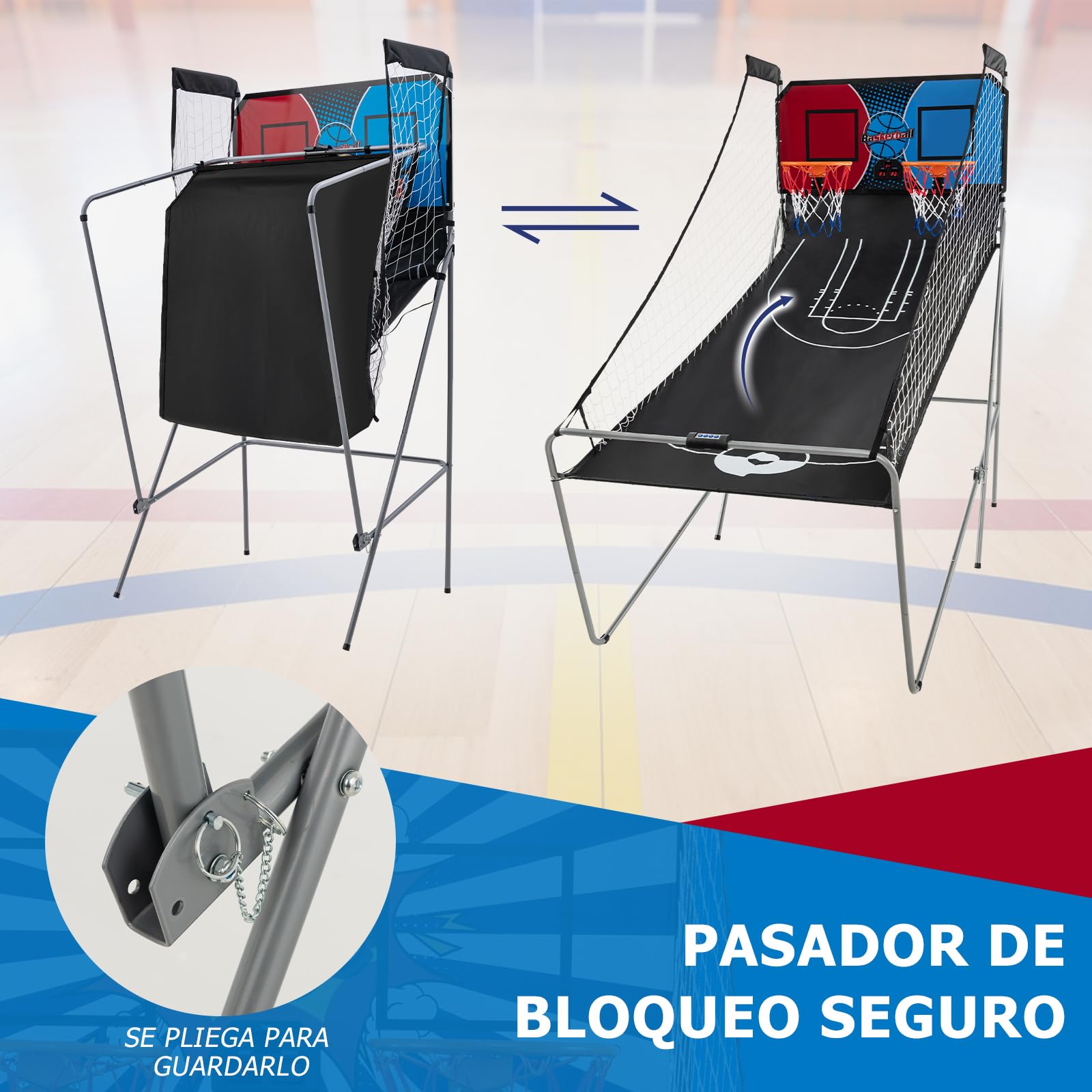 GOPLUS Canasta de Baloncesto Plegable, Máquina de Tiro Portátil, Baloncesto Arcade con 8 Modos de Juego, 4 Pelotas, 2 Cestas, Bomba, Marcador Electrónico, para Niños y Adultos (Rojo+Azul)