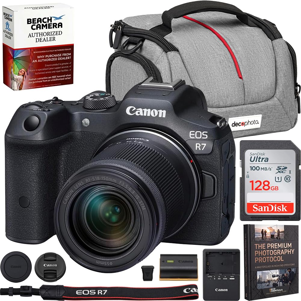 Canon EOS R7 Mirrorless APS-C Camera with RF-S 18-150MM F3.5-6.3 is STM Lens 5137C009 Bundle with Sandisk 128GB Memory Card, Deco Essentials Camera Bag and Premium Photography Pro Kit