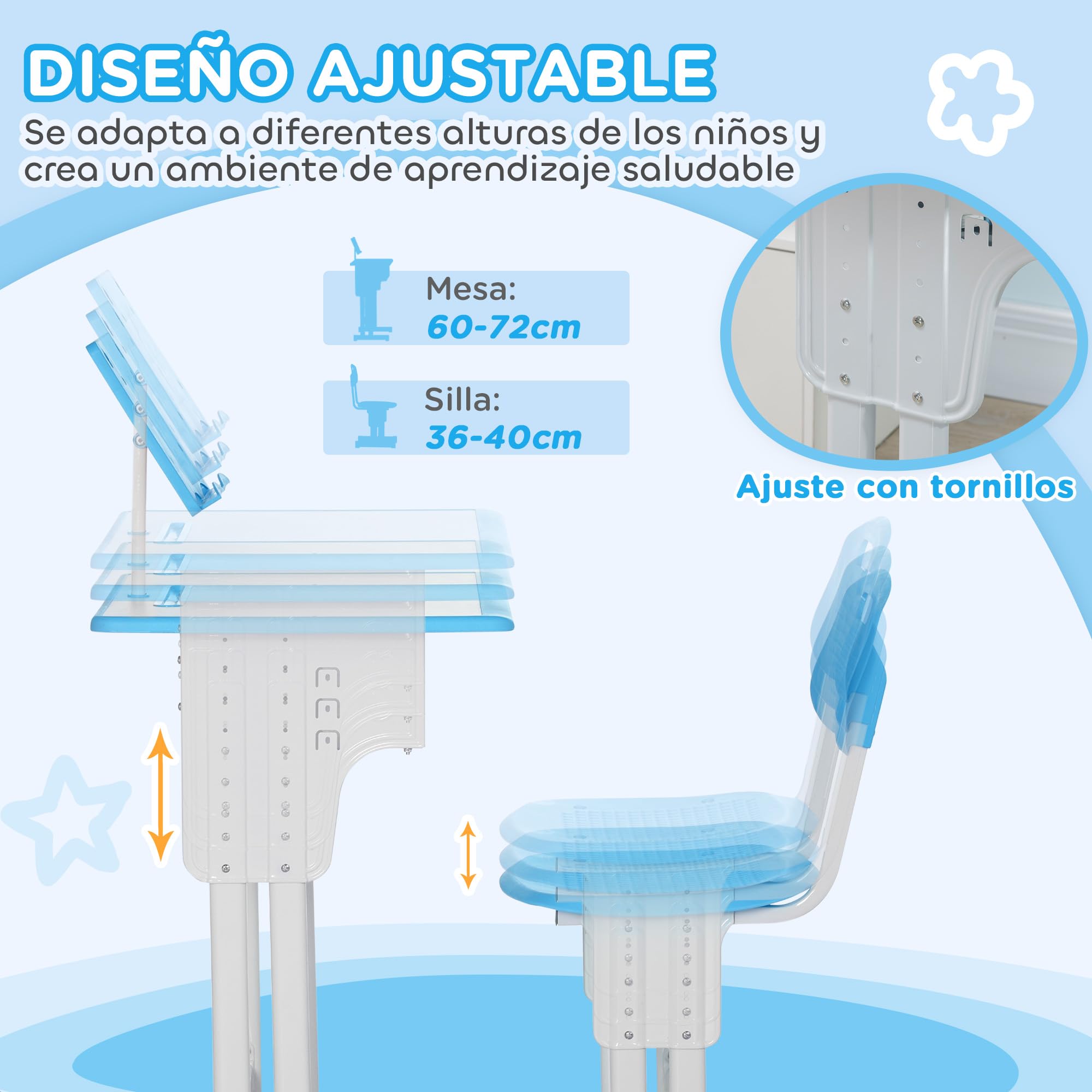 HOMCOM Juego de Escritorio y Silla para Niños de 6-12 Años Escritorio Infantil Altura Ajustable con 1 Cajón 1 Ranura para Lápiz y 1 Estante para Libros Acero 60x45x90-102 cm Azul