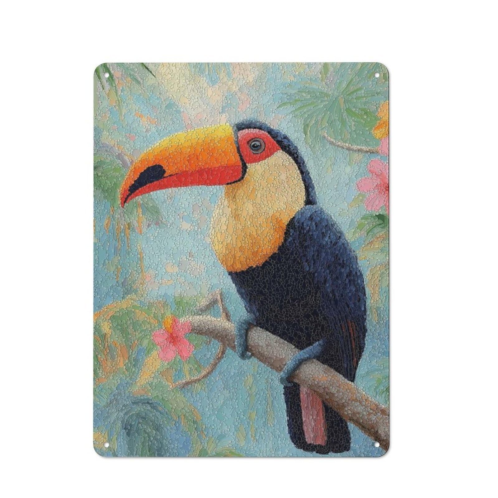 Vintage Vintage Tin Sign 40x30cm Featuring Toucan Perched on A Branch, Cafe Wall Decor for Coffee Bar, Kitchen, Bistro Or Tea Corner