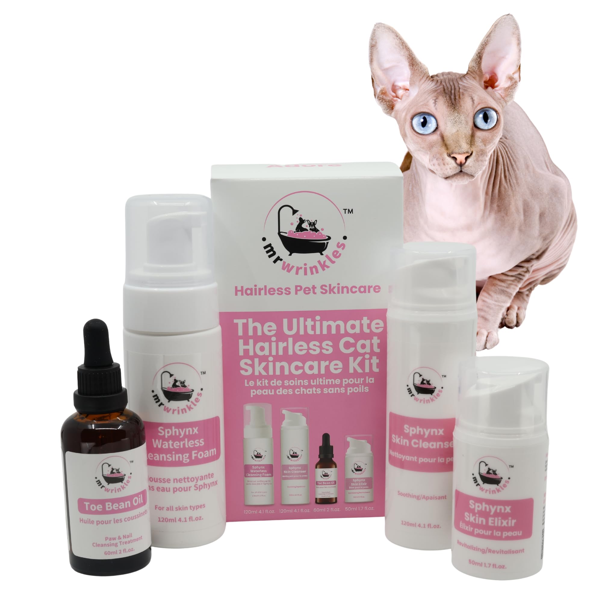 Sphynx Cat Skincare Kit – Complete Grooming System for Hairless Cats, Gentle Alternative to Shampoo, Cleanse, Hydrate & Condition Skin & Paws – Mr. Wrinkles
