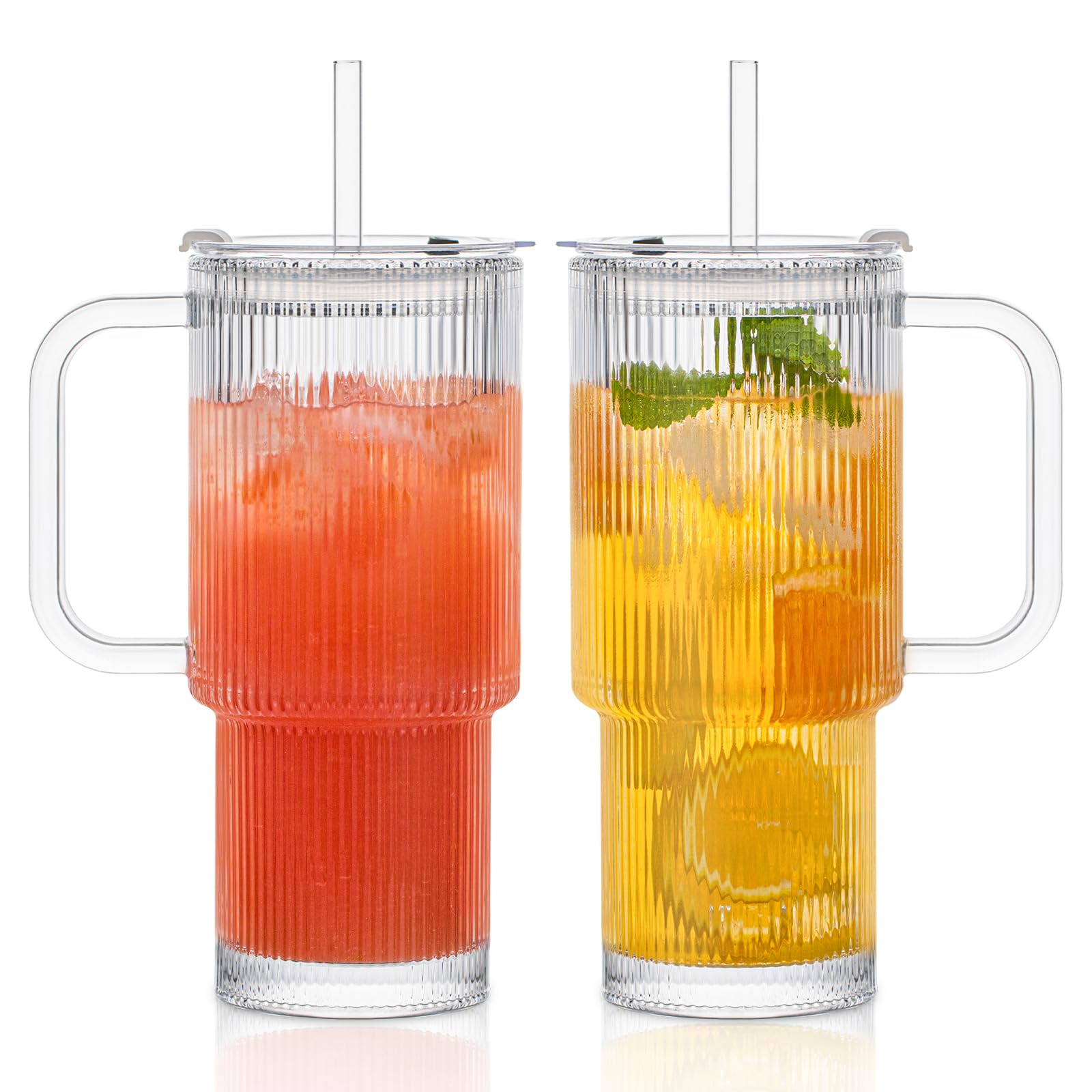 INSETLAN 2 Stück 760ml Gläser mit Deckel und Strohhalm, Gerippte Glasbecher mit Deckel und Henkel, Dickem Glas Ideal für Eiskaffee, Matcha, Latte, Säfte und andere Getränke