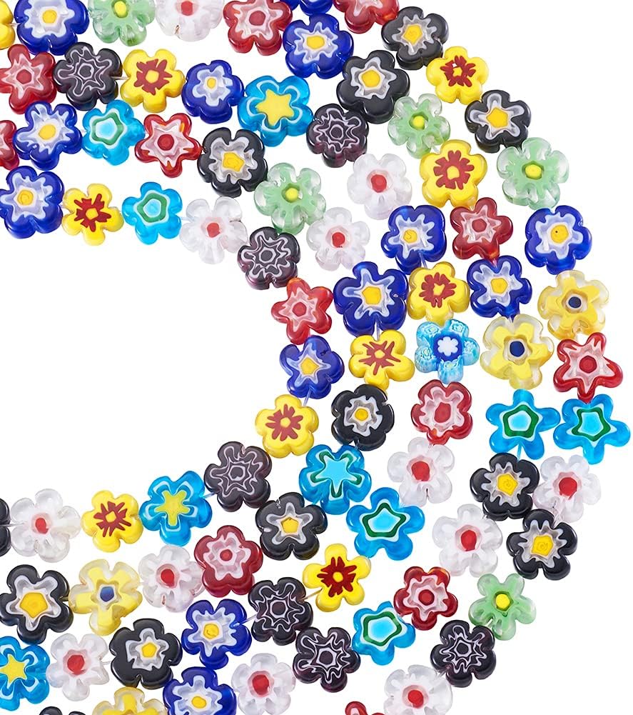 Kissitty 5 Strands Handmade Flower Millefiori Lampwork Glass Beads 10~12x4mm 16" Mixed Color for DIY Jewelry Making (About 42pcs/Strand)