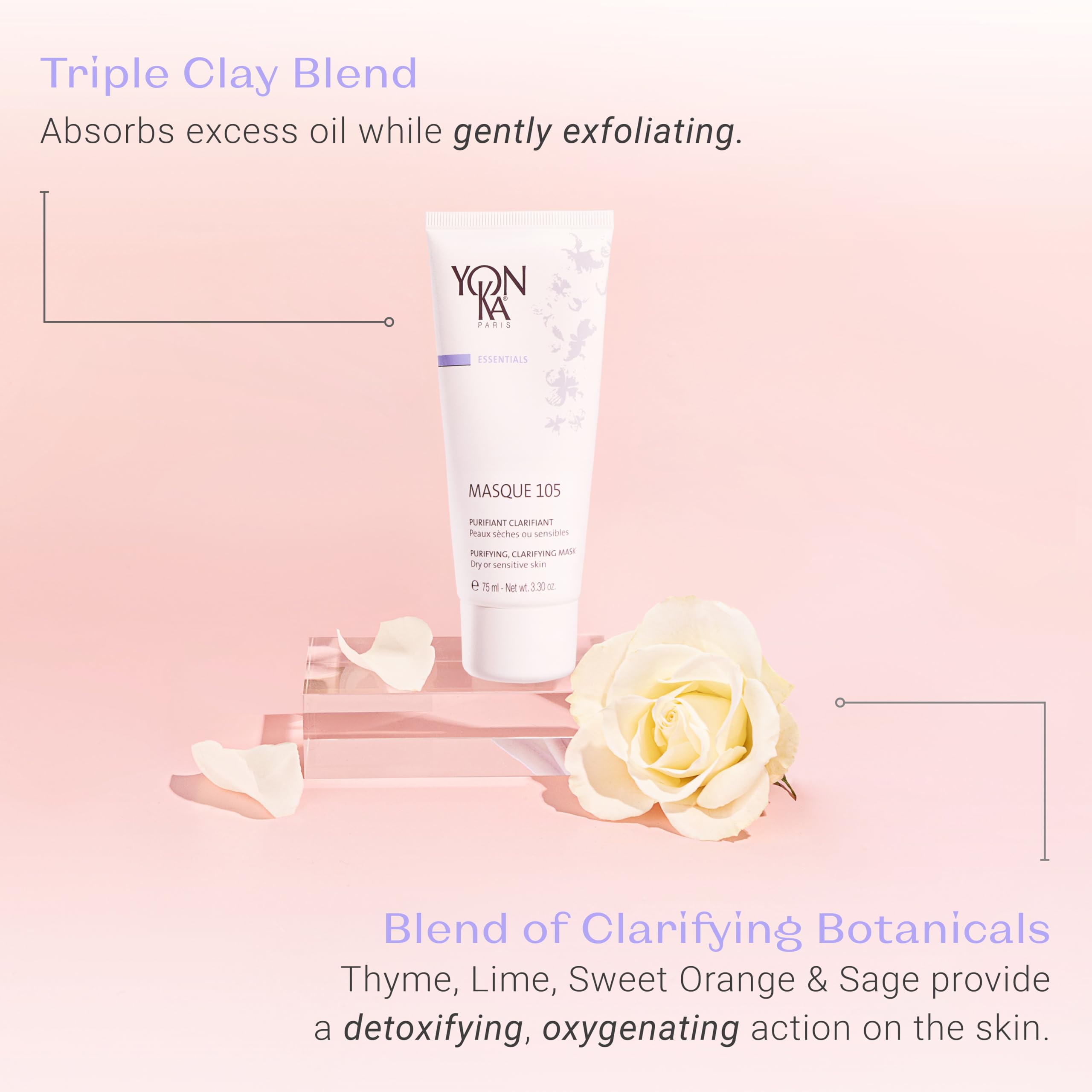 Masque105 Gesichtsmaske Yonka 75ml - Für Trockene Oder Empfindliche Haut - Entgiftende Tonerden, Reinigende Ätherische Öle - Reinigt, Absorbiert Talg, Verkleinert Poren - Bei Akne - Wasser Abspülen