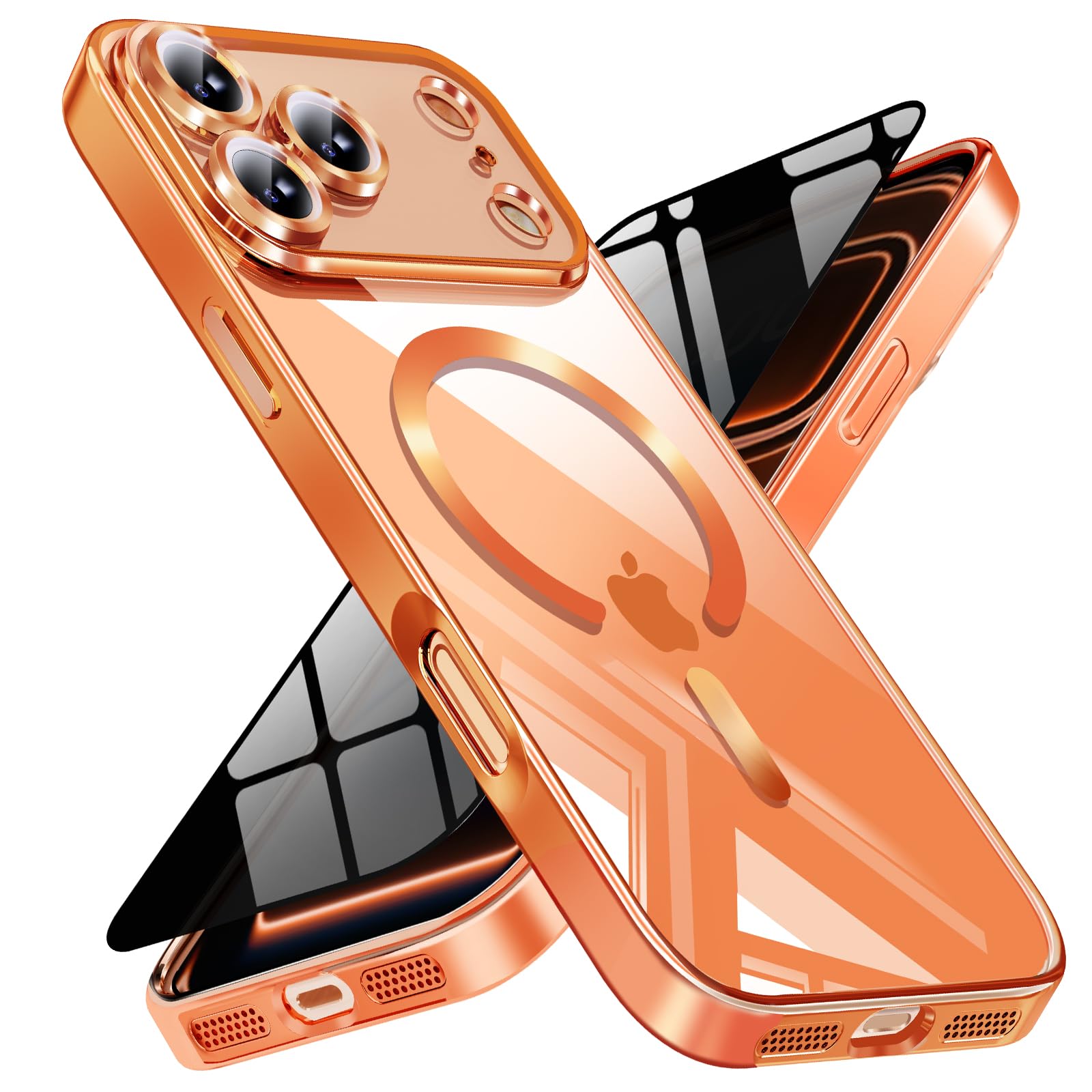 Magnetic for iPhone 17 Pro Max Case with Privacy Screen Protector &amp; Full Camera Cover,[Non-Yellowing] Shockproof Clear Phone Case Compatible with MagSafe Women Girls for iPhone 17 ProMax,Cosmic Orange