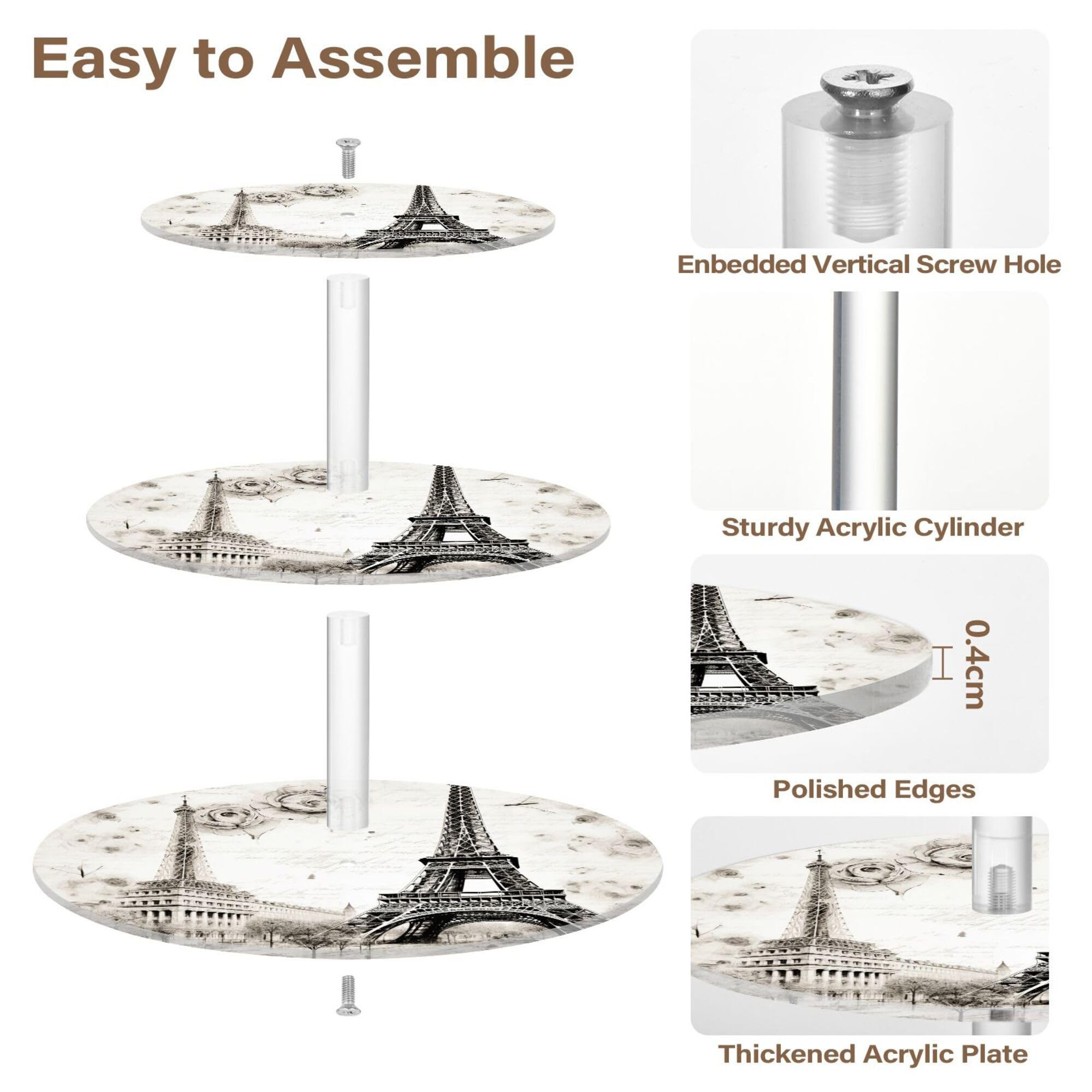 PYBUG The Paris Tower 3 Tier Acrylic Cupcake Stands Tower,Dessert Table Display Set for Tea Party,Wedding,Birthday, Baby Shower