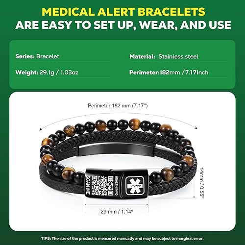 Miniatura 3 de Theluckytag Pulseras médicas mejoradas para hombres con código QR, pulseras de identificación de alerta médica, pulsera de cuero tejida vintage de 7
