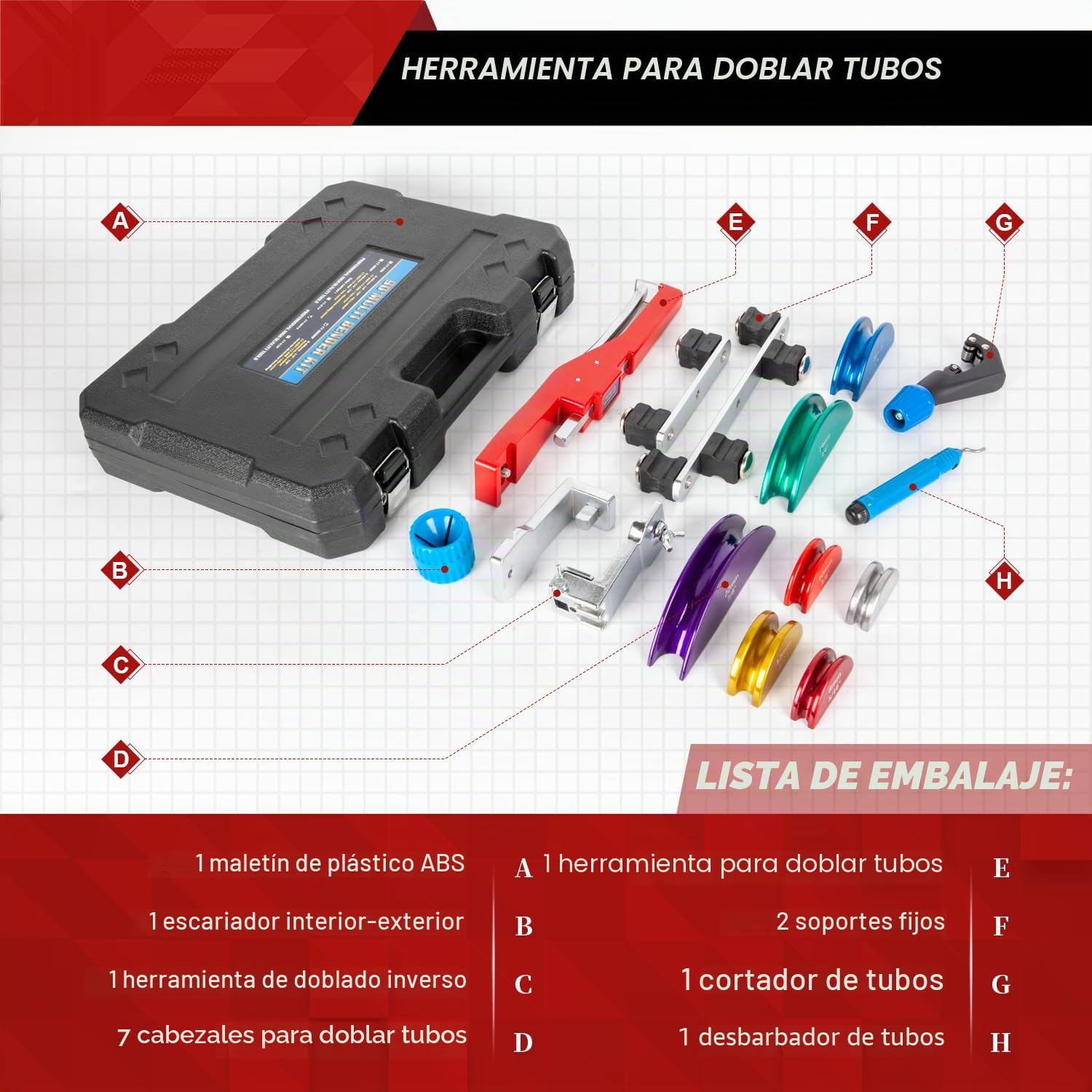 Dobladora de tubos de cobre y tubos de freno manual con cortador de tubos, desbarbador para aire acondicionado, alicates de flexión, línea de freno, herramienta de flexión de 1/4 "- 7/8"