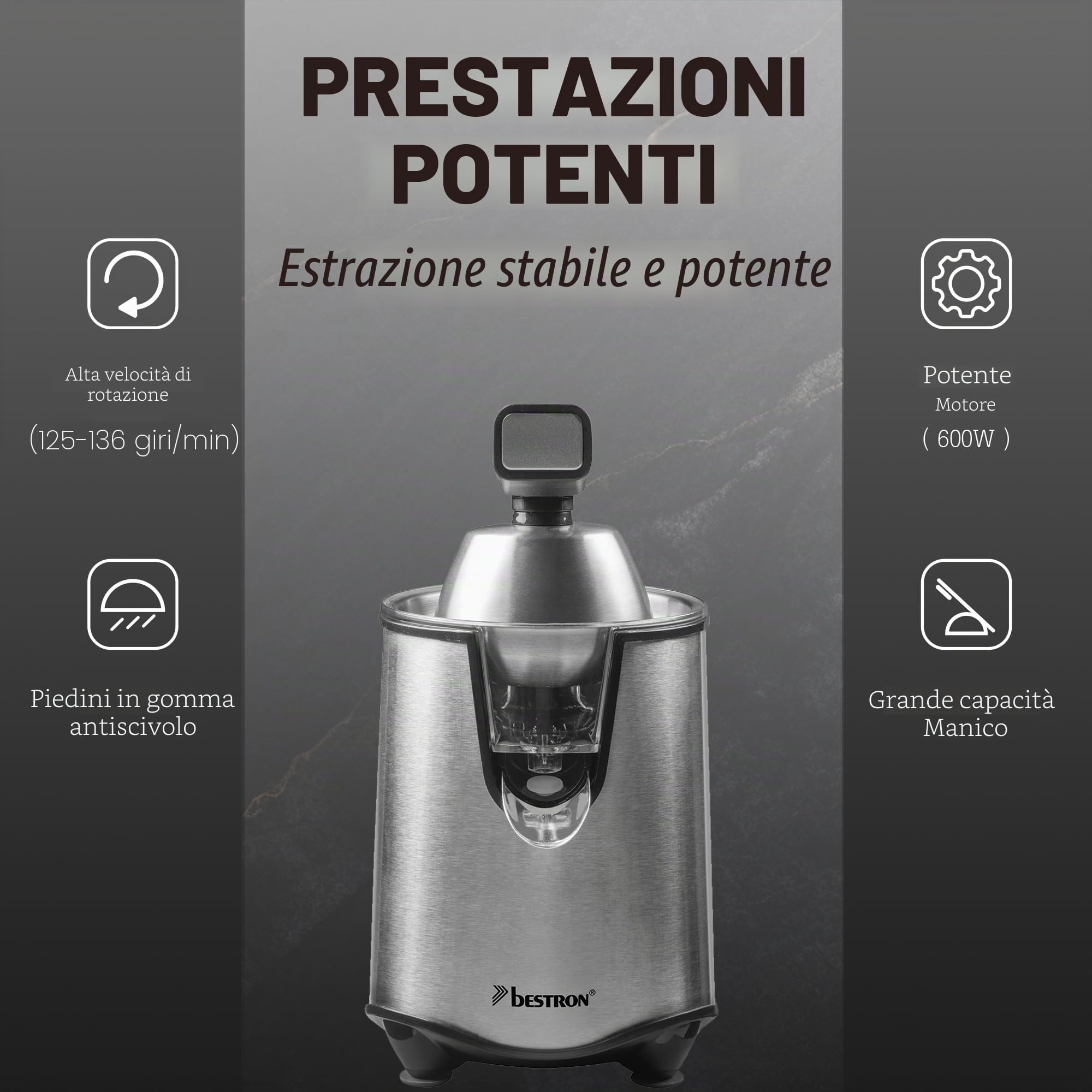 Bestron Spremiagrumi elettrico, spremiagrumi con funzione di arresto e filtro polpa in acciaio inox, con 2 coni, capacità 450 ml, leva soft pressa per un facile utilizzo, colore: argento
