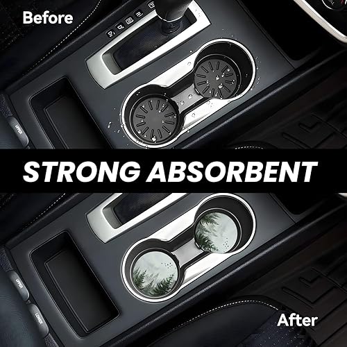 Miniatura 5 de Portavasos de automóvil con diseño de bosque, paquete de 2 posavasos de cerámica absorbente para portavasos de automóvil, accesorios de automóvil,