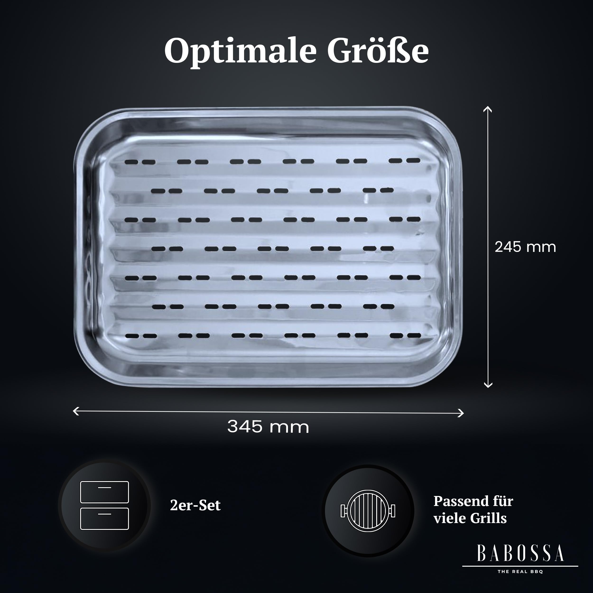 BABOSSA Grillschale (2er-Set) – Hochwertige Grillschale Edelstahl – Wiederverwendbar, spülmaschinenfest und rostfrei – Perfekt für Gemüse, Fisch & Fleisch – 100% Made in Germany