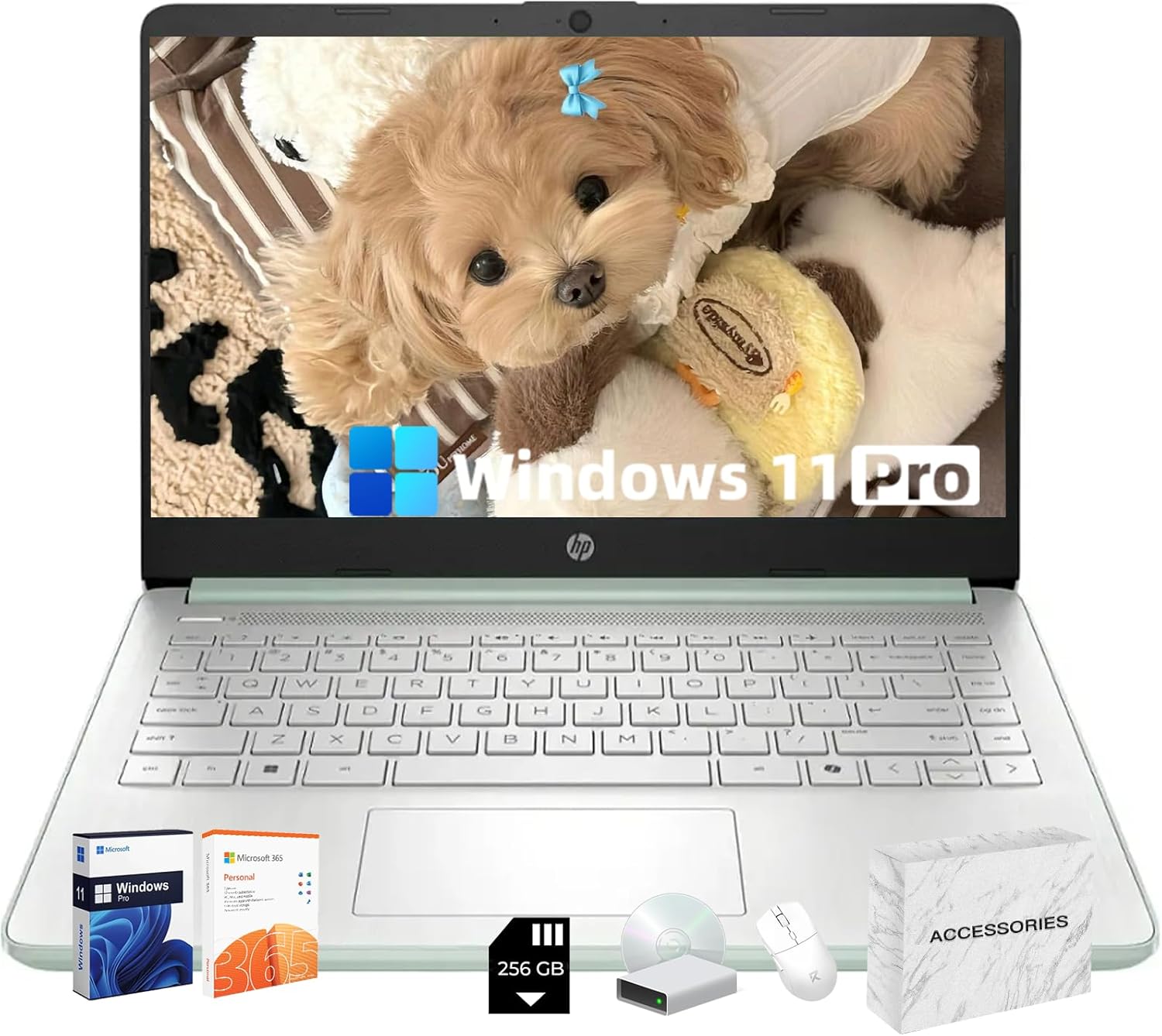 HP 2025 Student Business 14 Laptop, Intel N150 CPU(Beats N4120), 14in LED Screen, 16GB RAM, 128GB UFS+256GB MSD Storage, Wi-Fi 6, Copilot AI, Windows 11 Pro, Green