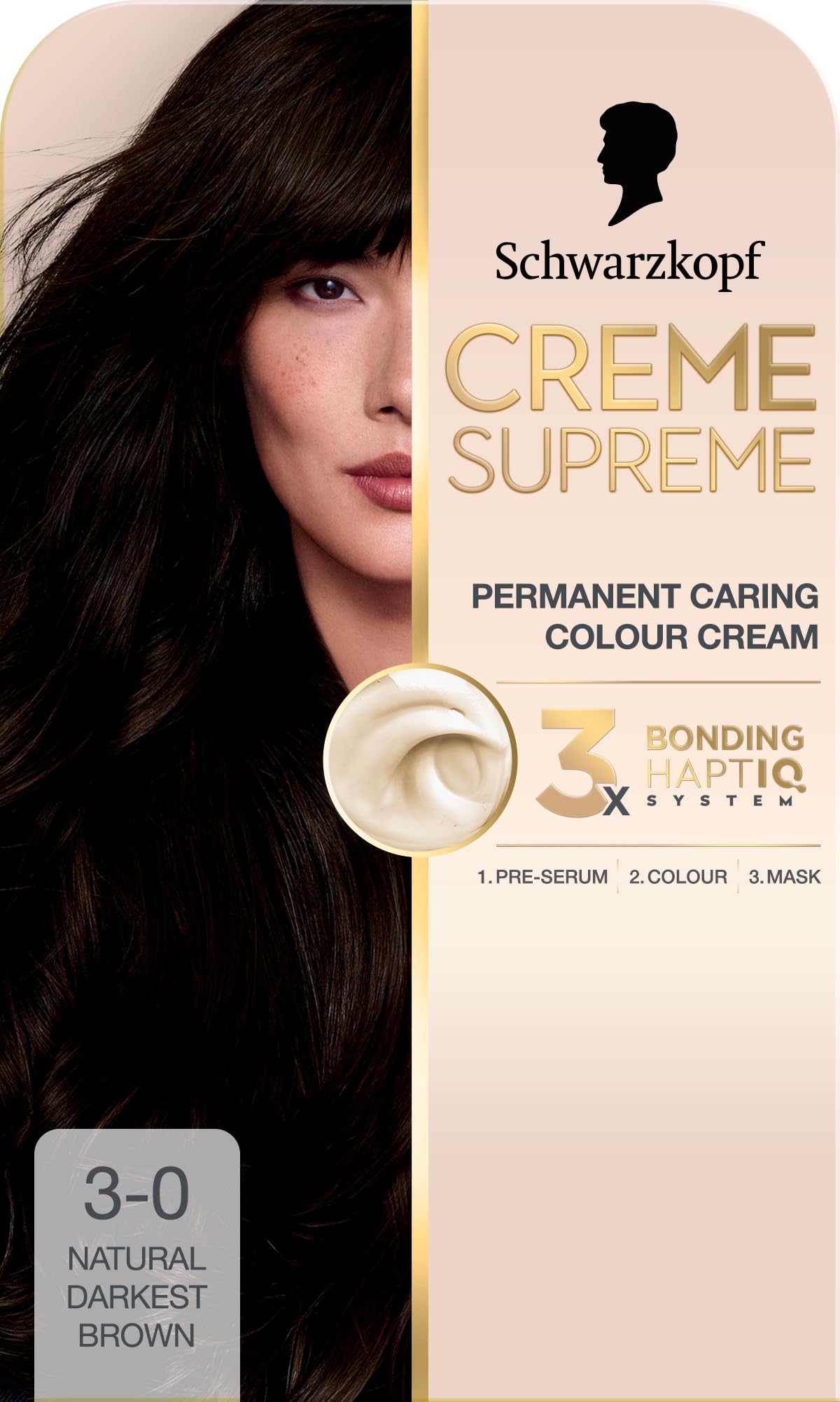 Schwarzkopf Creme Supreme 3-0 Natural Darkest Brown, Permanent Hair Colouration, Caring Hair Dye Colouration with 3-Step Bonding System Against Damage, 100% Grey Coverage