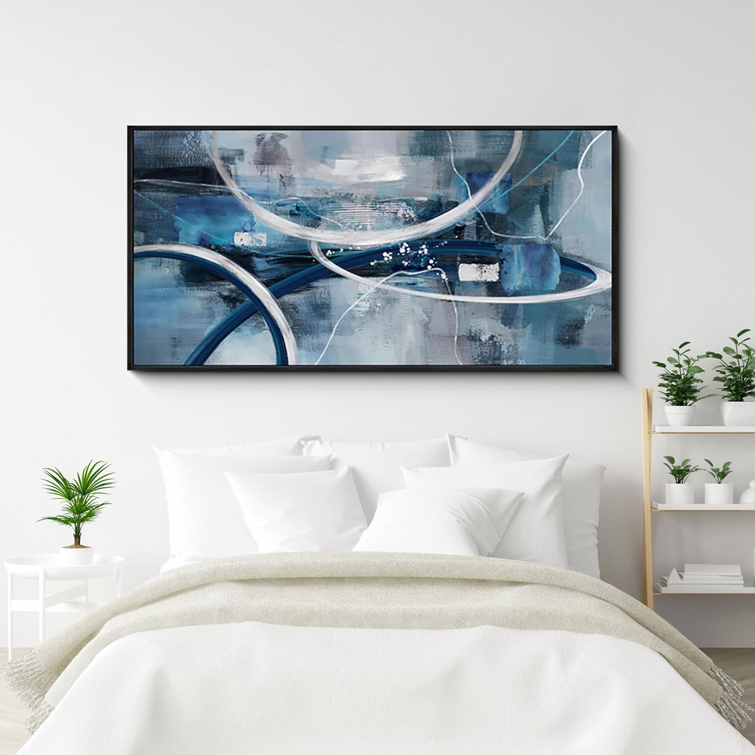 XLSJERST Large Abstract Canvas Wall Decor - Modern Living Room Wall Art Elegant Combination of Tones Black and White Gray Background Blue Gradient Picture Size 48x24