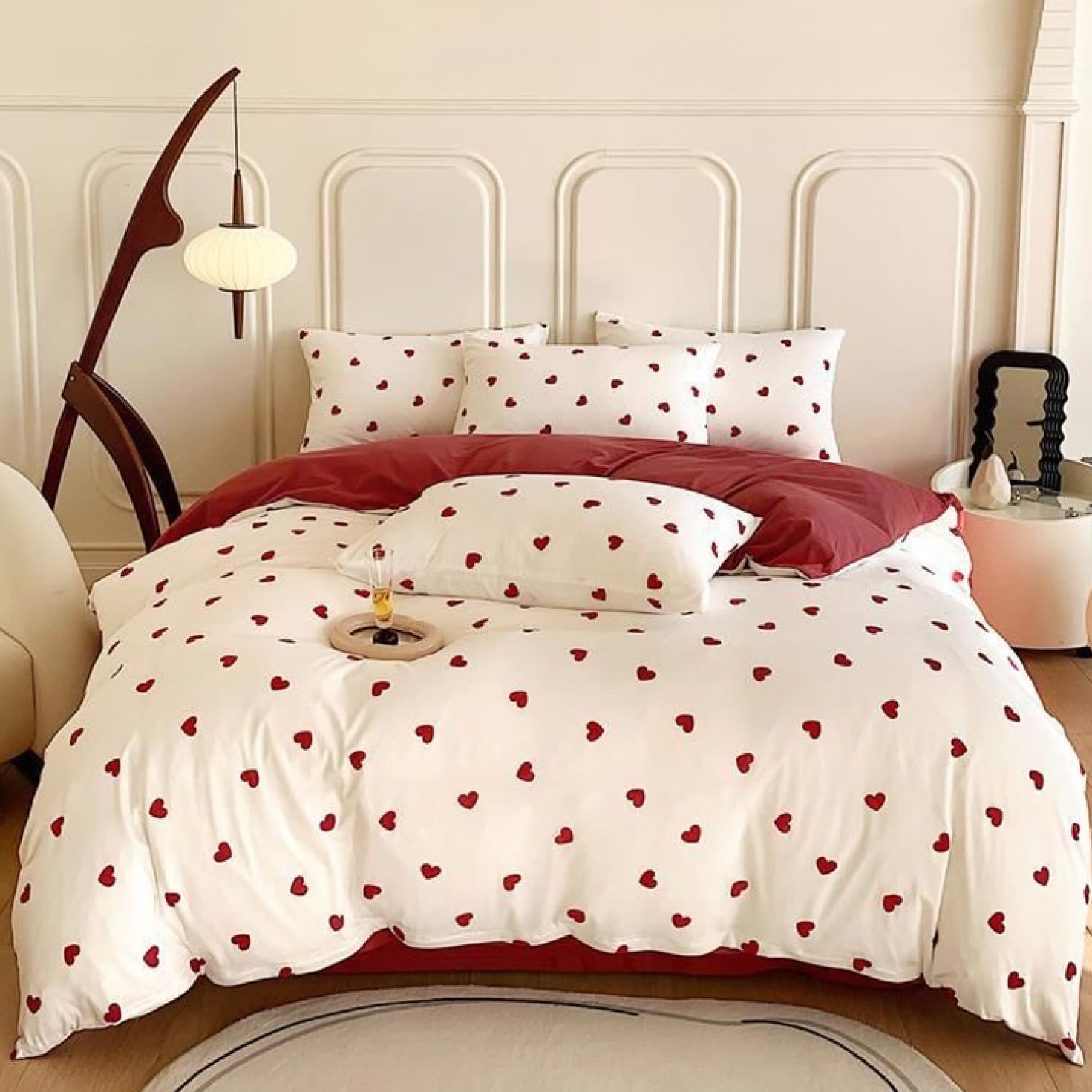 Jolusere Red Duvet Cover Queen Size 3 Pieces White Red Heart Girls Bedding Set Romantic Love Comforter Cover 100% Microfibre Love Heart Duvet Cover with Zip and 2 Pillowcases