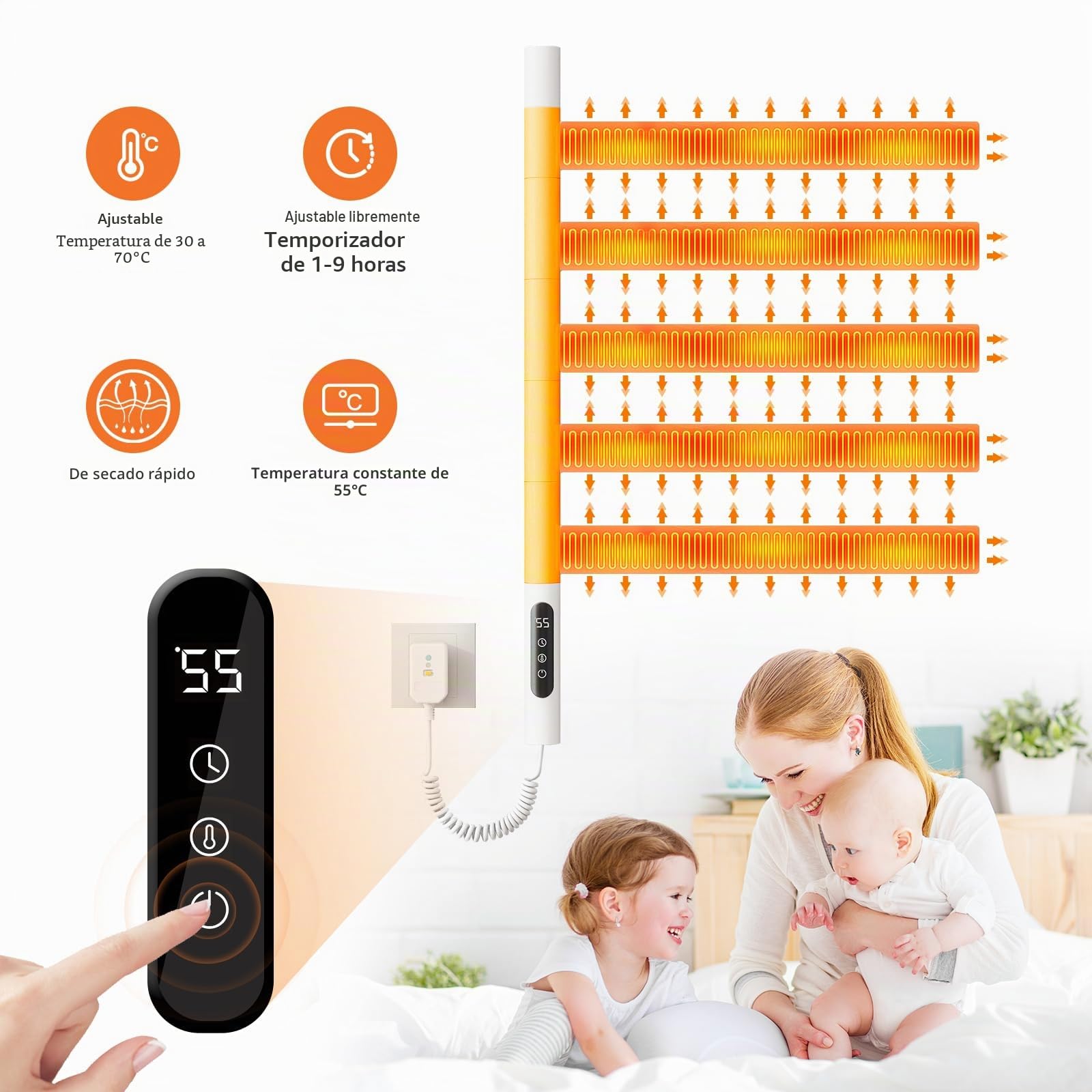 ZOYI Secador de toallas eléctrico para baño con rotación de 180°, calentador de toallas eléctrico, radiador eléctrico para baño, toallero eléctrico, 220V (Blanco, 5 polos)
