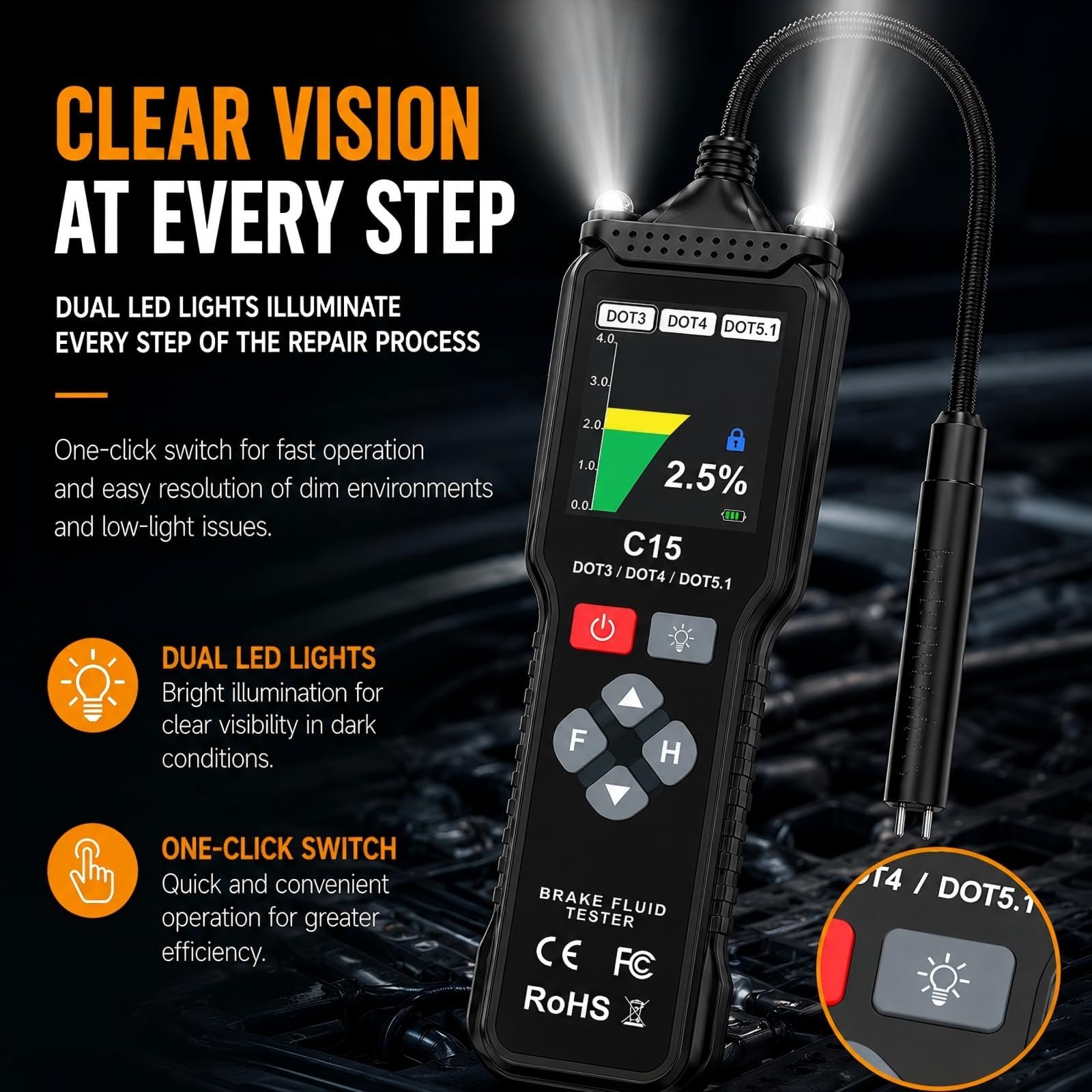 Tester per Freni per MG Cyberster 2025 | Rilevatore Liquido Freni Auto Schermo Digitale Diagnostica Qualità Olio Sonda Flessibile Analizzatore Strumento