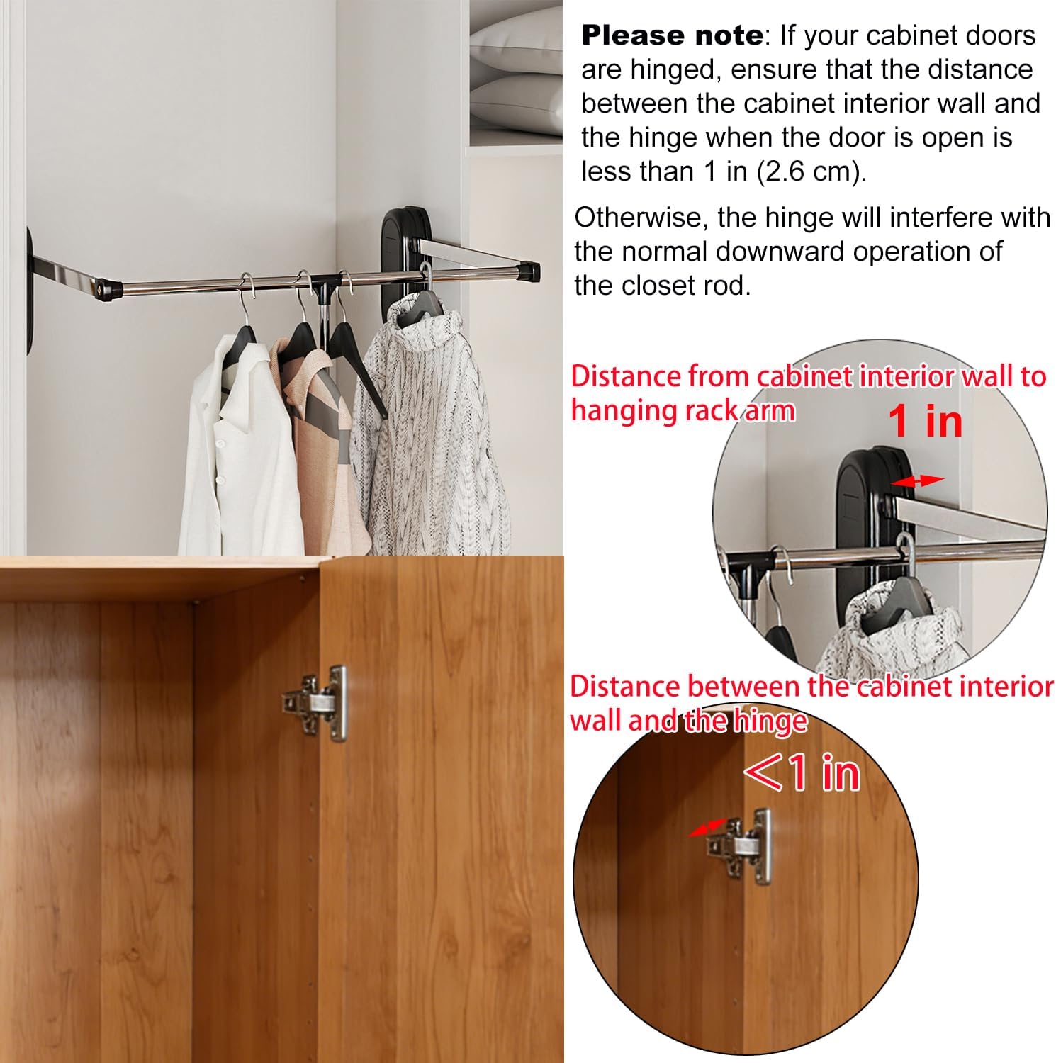 Pull Down Closet Rod, 23.62-32.67 Inch Width Adjustable Clothes Hanging Rail with Dual Pneumatic Buffers, Wardrobe Organizer Rod Space-Saving for Bedroom, Load 30lbs