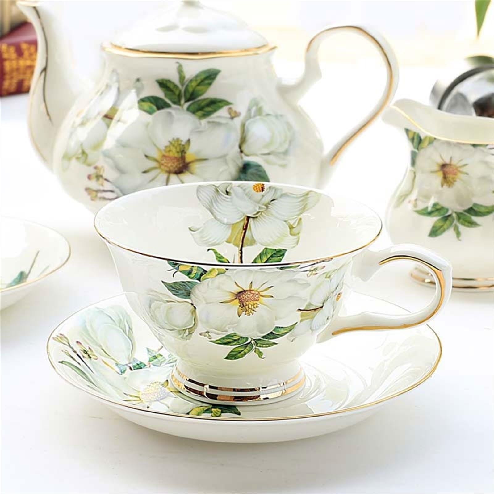 Filiżanka do herbaty i spodki, zestaw 6 sztuk, vintage, kwiatowe, ceramiczne filiżanki do kawy ze srebrnym stojakiem na podwieczorki, wesele, przyjęcie