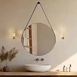 Espelho Redondo 60cm Adnet com Alça de Couro Decoração Moderna para Banheiro Sala ou Quarto (Caramelo)