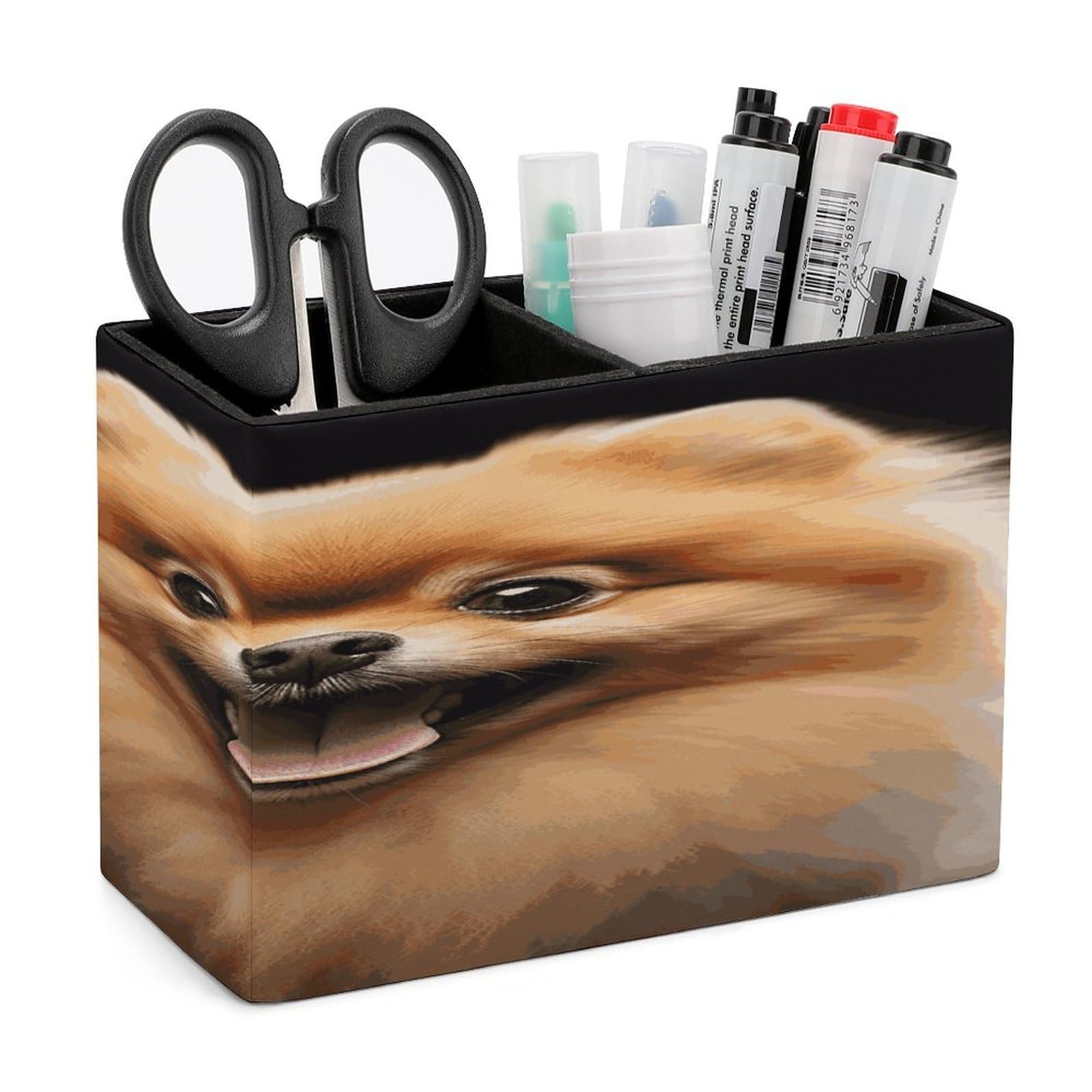 LDGSUPH Pomeranian Leather Pen Holder for Desk Organizer Caddy Large Pencil Cup Multi-function Pencil Holder Makeup Brush Holders Pen Organizer for Home Office Storage Box