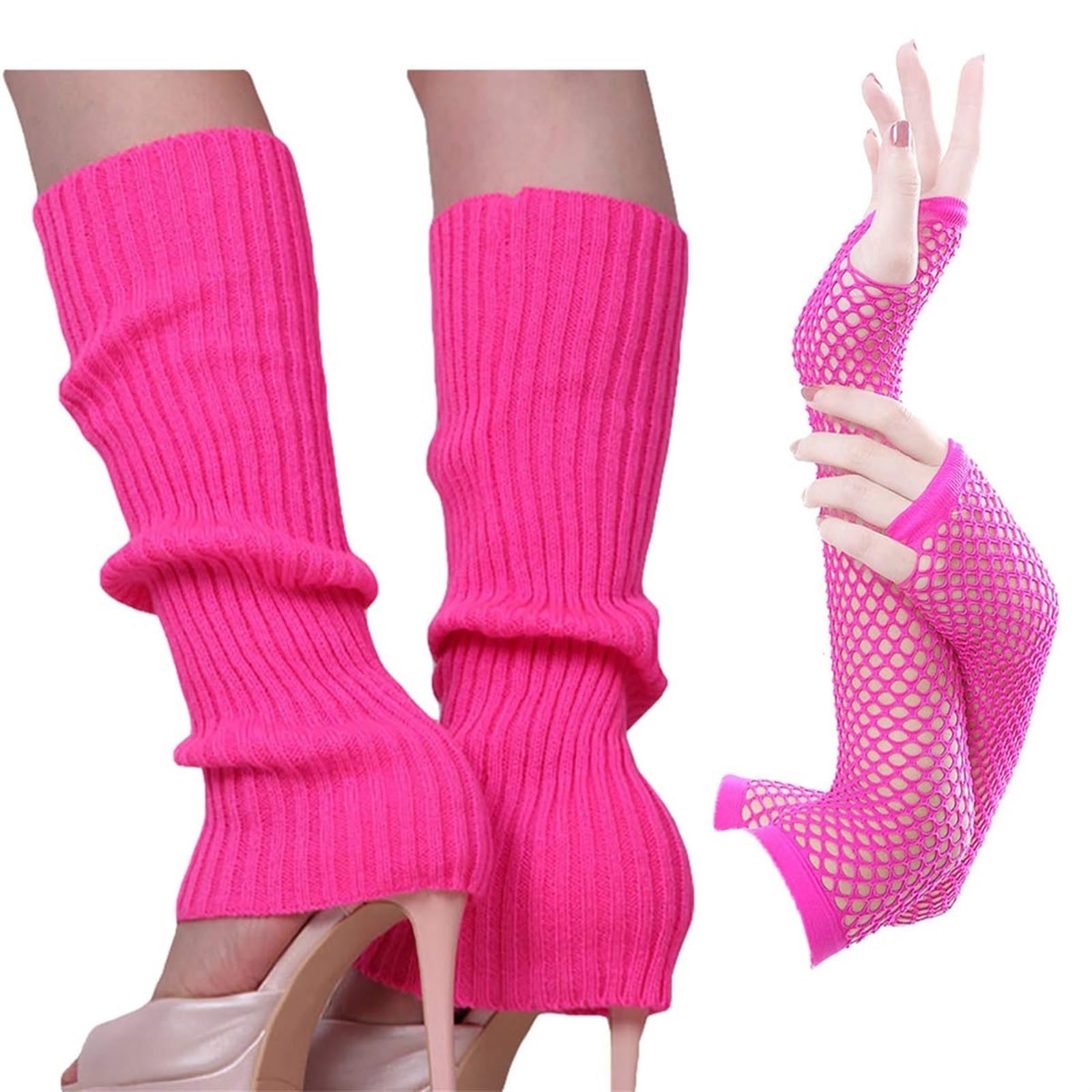 THE WHITE SHOPTHE WHITE SHOP 2 PCS Leg Warmers Set, Boot Socks Leg Warmers for Girls Knit Leg Warmers80s Dance Women Knit Crochet Long Leg Warmers & Long Fishnet Golves Fancy Dress (RED)