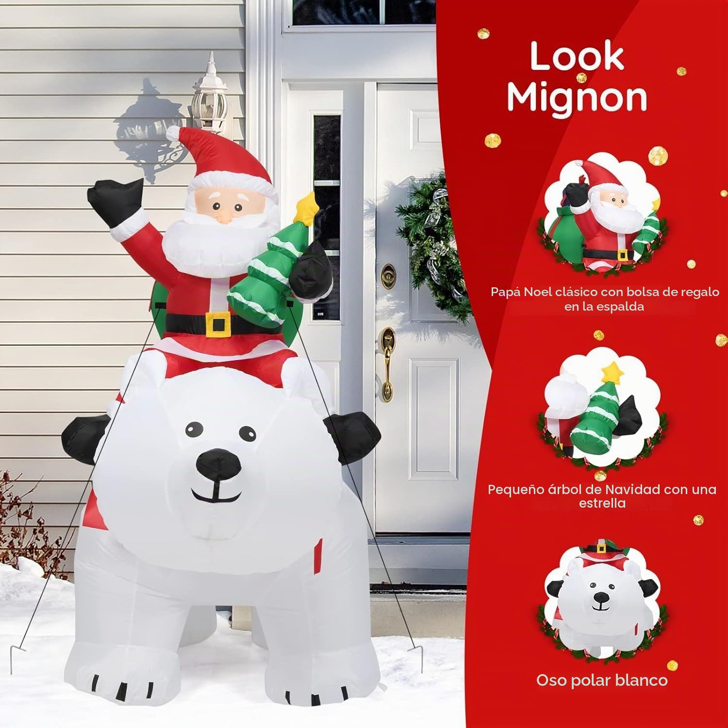 GOPLUS 175CM Papá Noel sobre Oso Polar Inflable con Cabeza Agitada, Decoración Navidad Exterior Iluminada con Luz LED y Accesorios de Montaje, Adornos Navidad Grande para Jardín