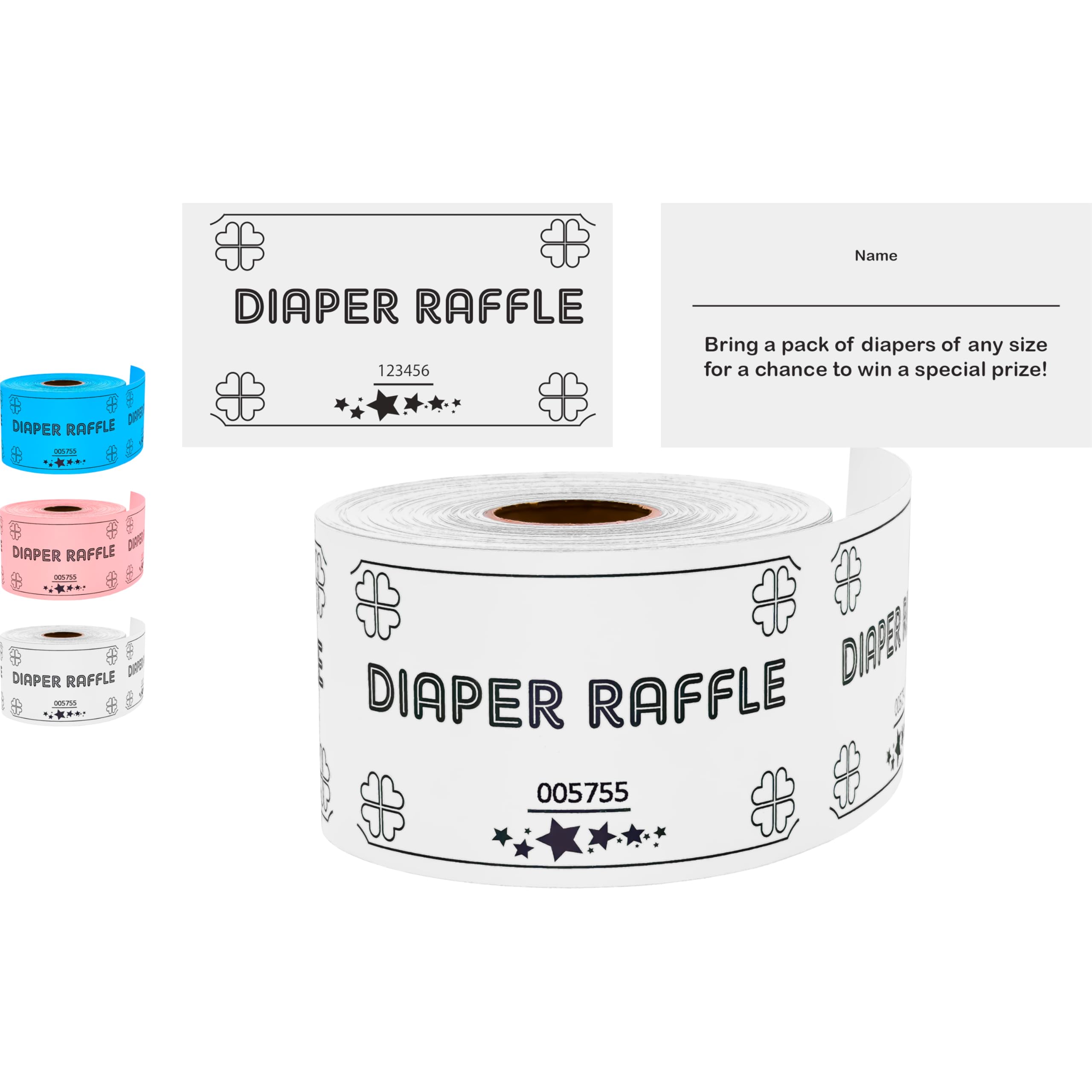 Carewon 250 Diaper Raffle Tickets, White (1 of 3 Colors), for Baby Shower Games, Invitations, and Drawing Prizes, Cute Party Accessories