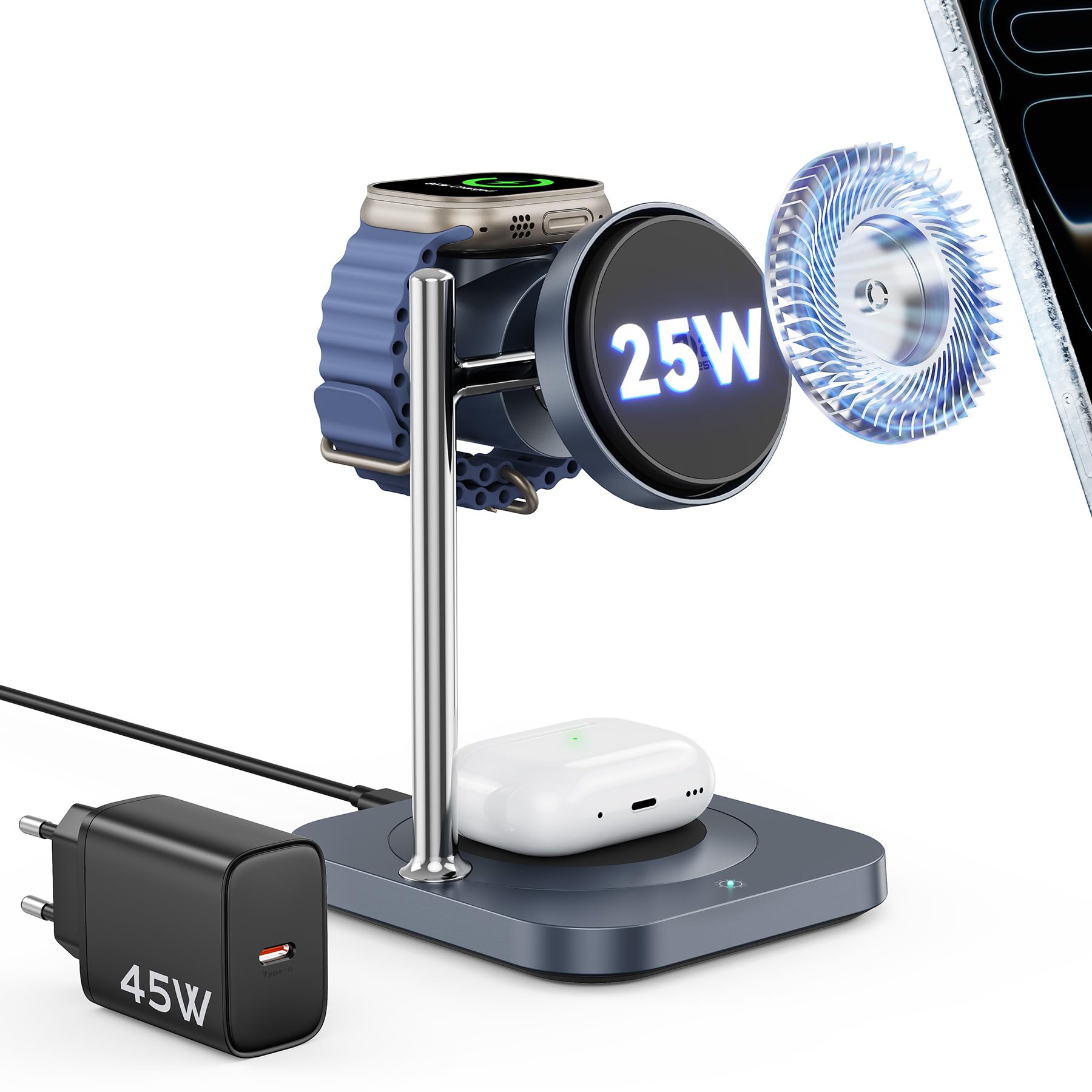 Station de charge Qi2.2 chargeur magnétique 3 en 1 25W avec ventilateur de refroidissement actif, chargeur sans fil magnétique pour iPhone 17/16/15/14/13/12, Apple Watch, AirPods (avec adaptateur 45W)