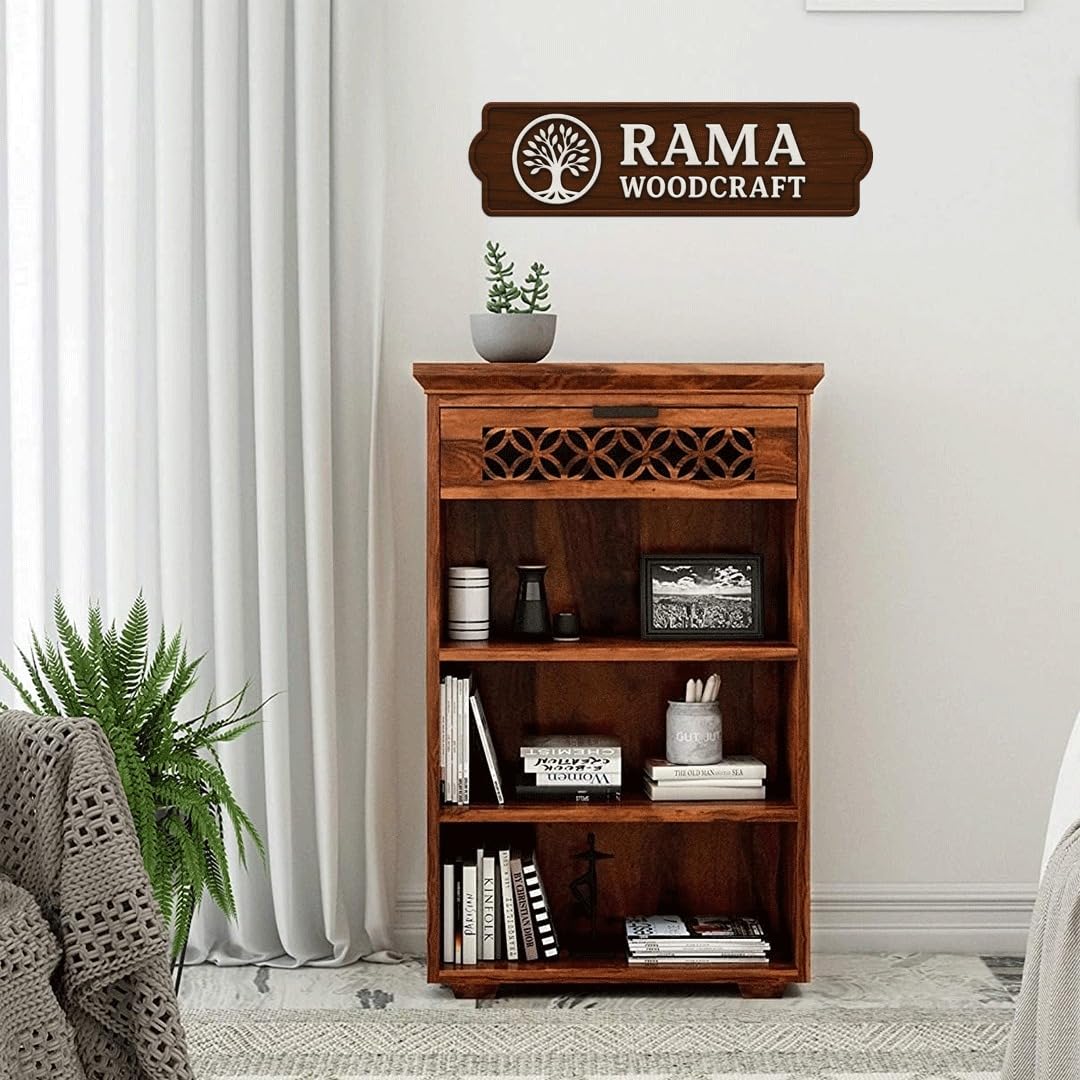 Solid Sheesham Wood Bookshelf for Living Room, 3 Shelf with One Drawer Wooden Storage Rack for Home & Office, Premium Book Shelf Organizer with Design Book Rack (Honey)-image-6