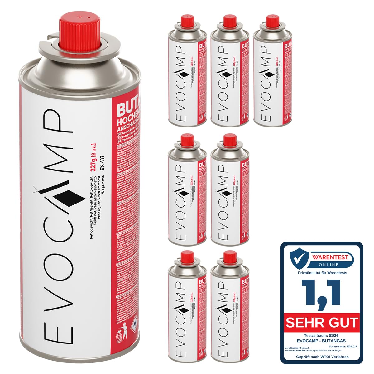 EVOCAMP 8x Stück Butan Gaskartuschen 227g Typ MSF-1a Bajonett Ventil ideal für Campingkocher, Gasheizung, Unkrautbrenner, Camping Gas Butangas Kartusche, Universaldruckgasdose für Camping und BBQ