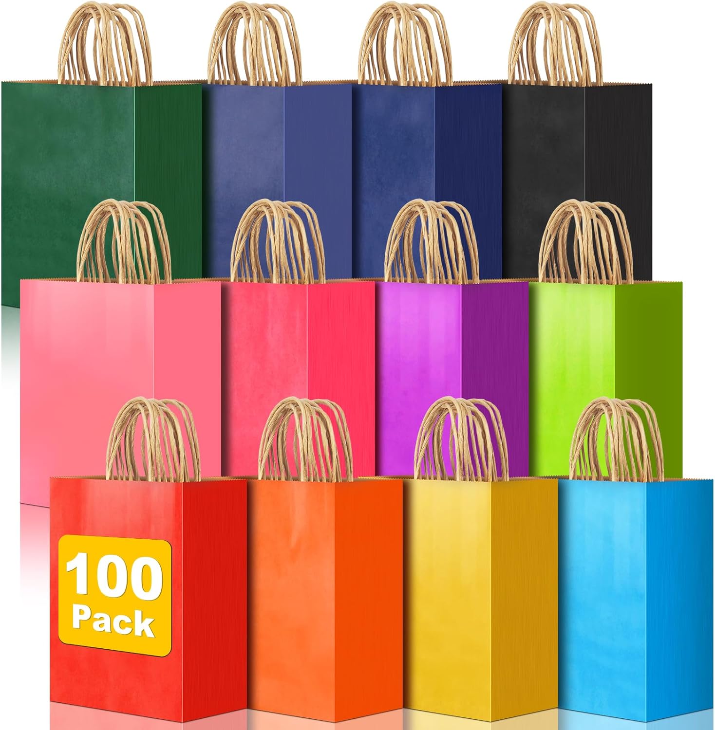 100 PCS Mini Gift Bags with Handles, 4.73"x2.36"x6.11" Party Favor Bags, 12 Colored Goodie Bags for Birthday Party, Kraft Paper Gift Bags Bulk for Wedding, Baby Shower, Celebrations, Party Supplies