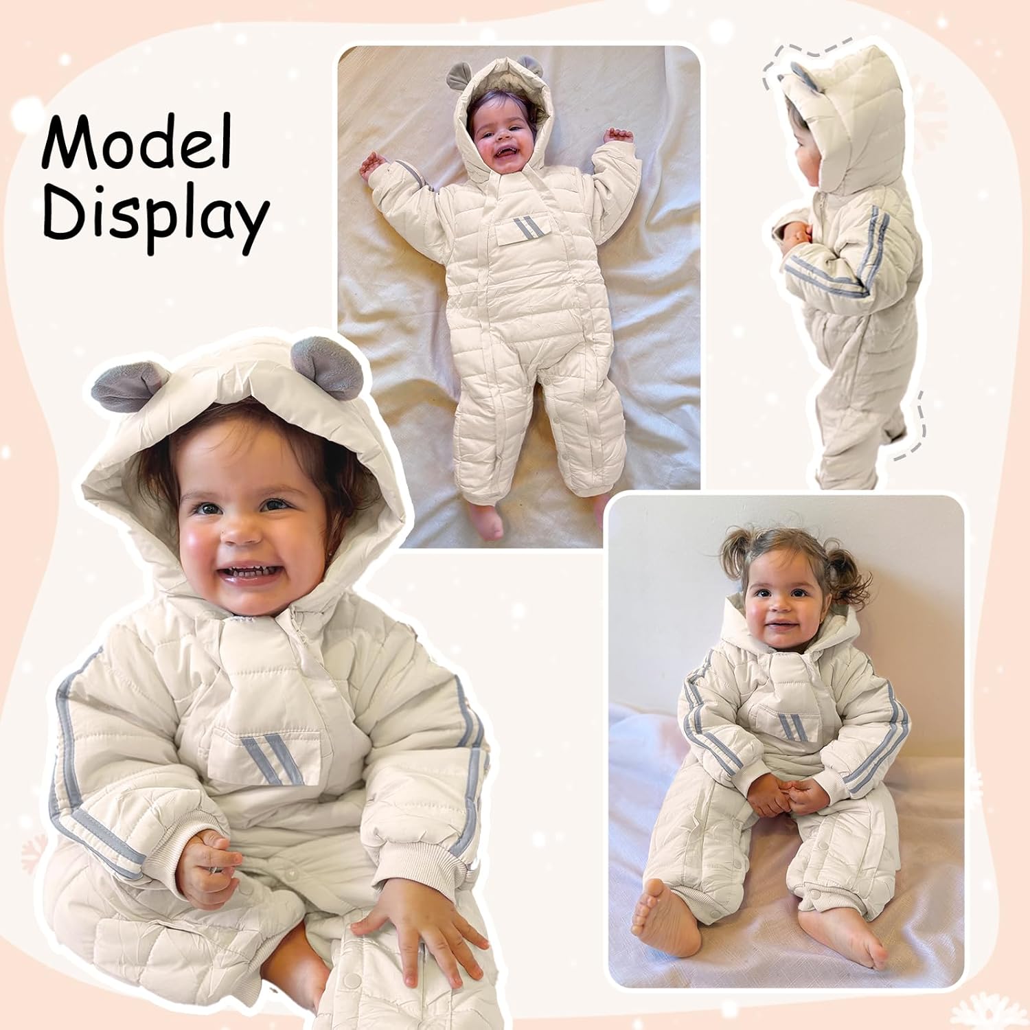 JiAmy Baby Snowsuit Baby Bear Hooded Winter Outfit Double Girl Boy Zipper Winter Clothes Romper - Image 4