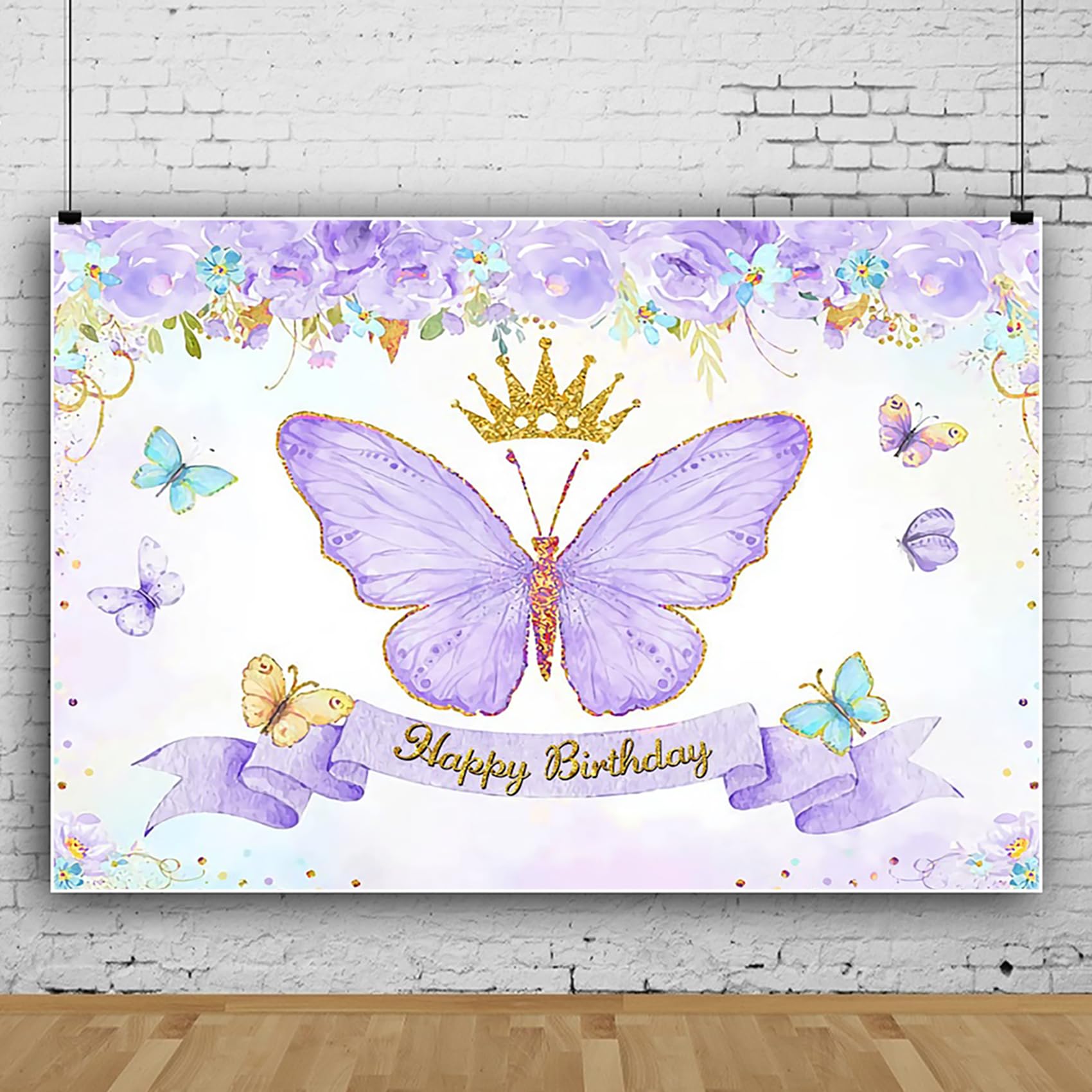 Amazon.com: 24x18 生日快樂背景紫色蝴蝶攝影背景美麗的紫色花朵背景彩色蝴蝶場景,適合生日聚會背景婚禮裝飾背景工作室: 電子