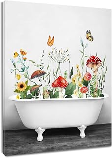 HVEST Mushroom Floral Canvas Wall Art Mushrooms and Flowers with Butterflies in Bathtub Abstract Painting Nature Plant Wall Art for Bathroom Living Room Decor Framed Ready to Hang, 12x16 Inches