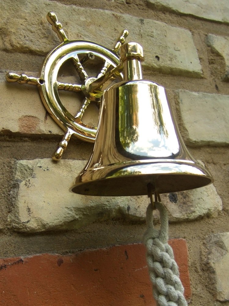 Antikas - Tür Glocke aus glänzendem Messing - hell klingende Schiffsglocke mit Steuerrad