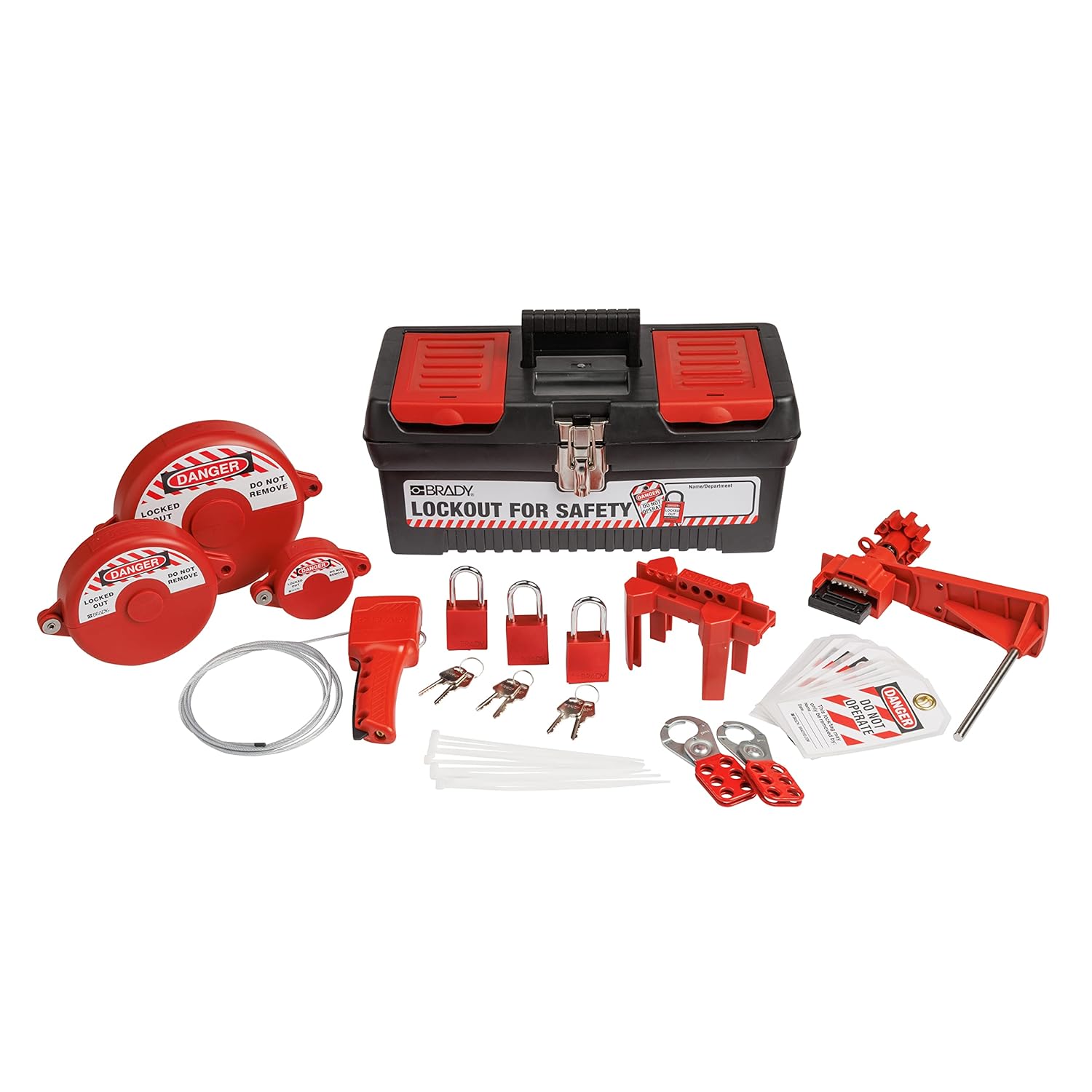 BRADY Lockout Tagout Kit with Loto Locks for Gate Valves, Ball Valves, Universal. Includes Red Keyed Different Aluminum Padlocks, Cable Lockout, Hasps, Safety Lock Out Tags (1 Key Per Lock) - 153671 , Black