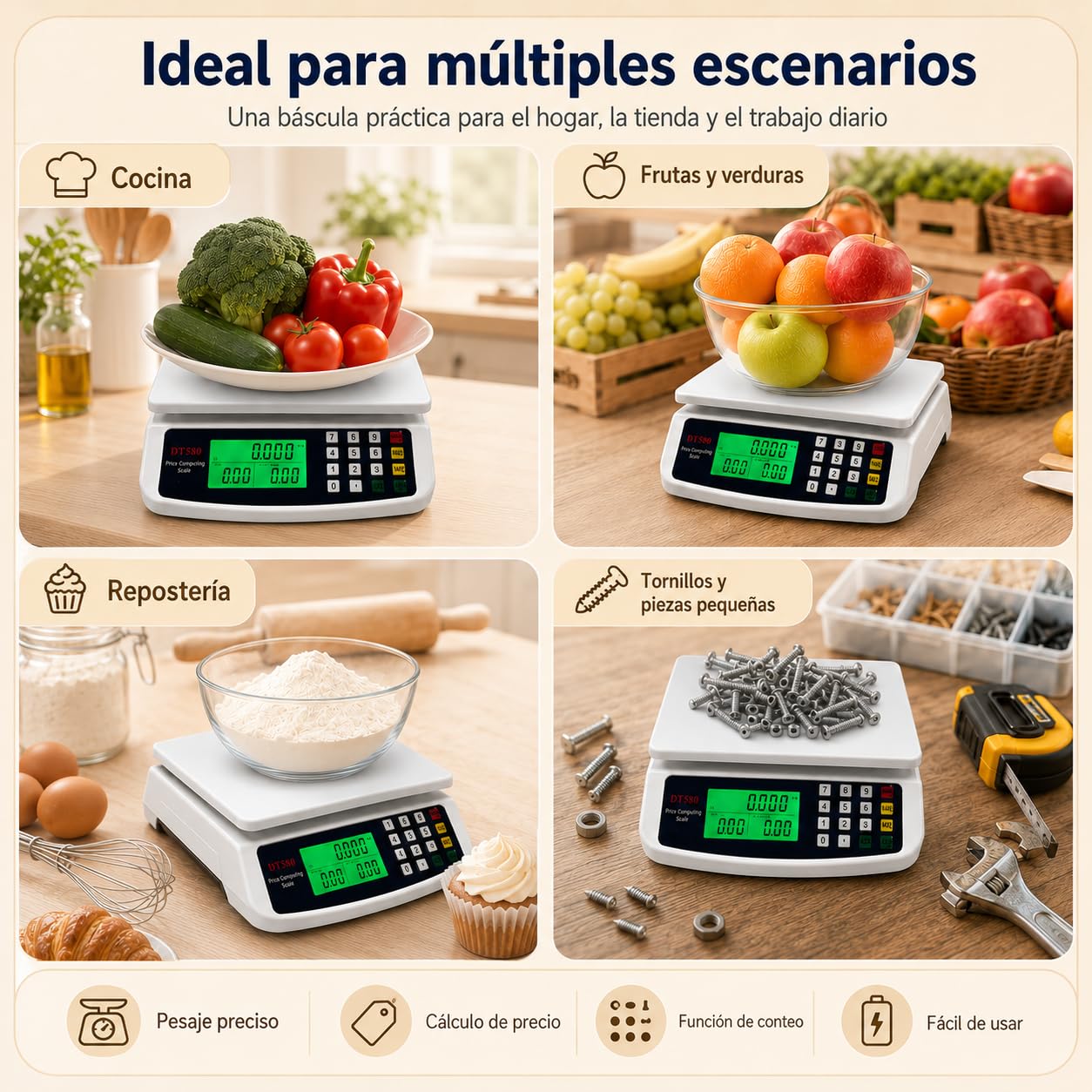 Balanza Digital Cocina 30kg Precisión 1g Acero Inoxidable con Tara | Báscula de acero inox 30kg/1g con pantalla digital, función tara y conversión kg/lb/oz. Ideal para cocina y repostería.