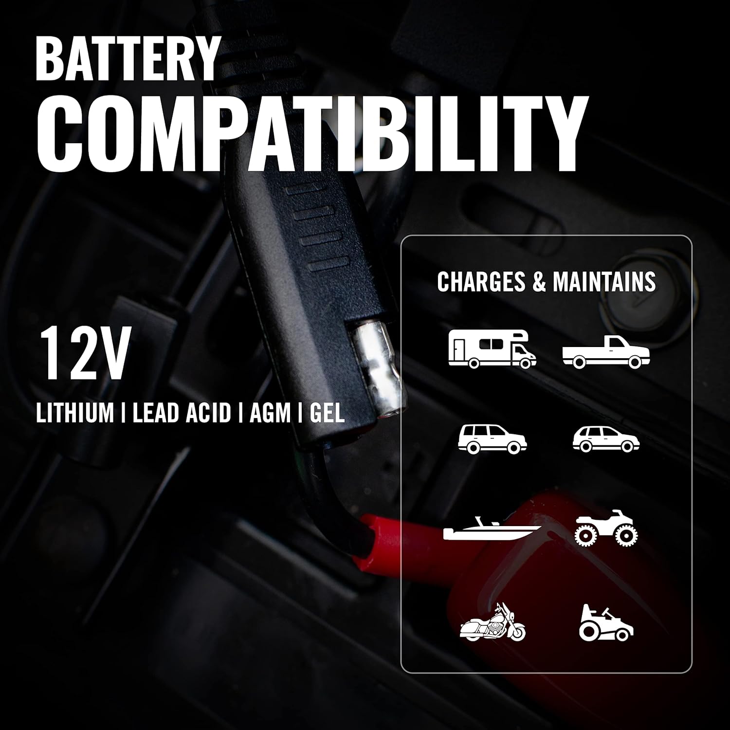 Battery Tender adapter showing compatibility with various 12V battery types