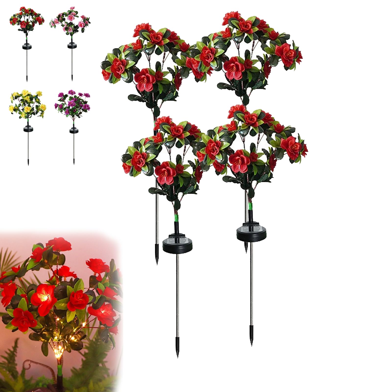 Dawhare Memorial Garden Bloom Lights – Featuring Ultra-Realistic Artificial Petals, Solar Azalea Flowers Light, Outdoor for Yard Patio Pathway Lawn Fence Cemetery (Red-4pcs, Colorful Light)