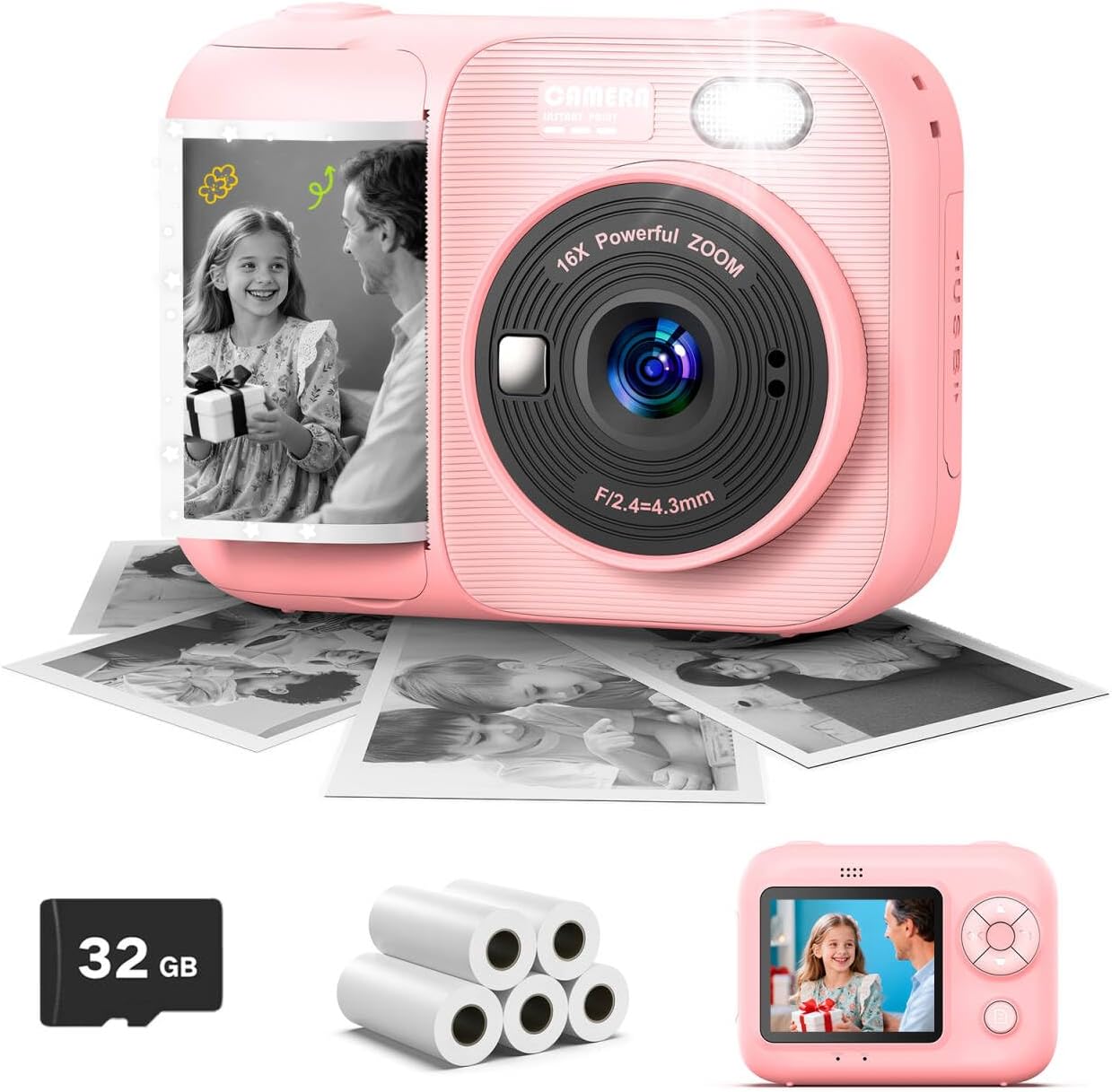 Mgaolo Kids Camera Instant Print Toy, Digital Gift for Boys Girls (Pink)