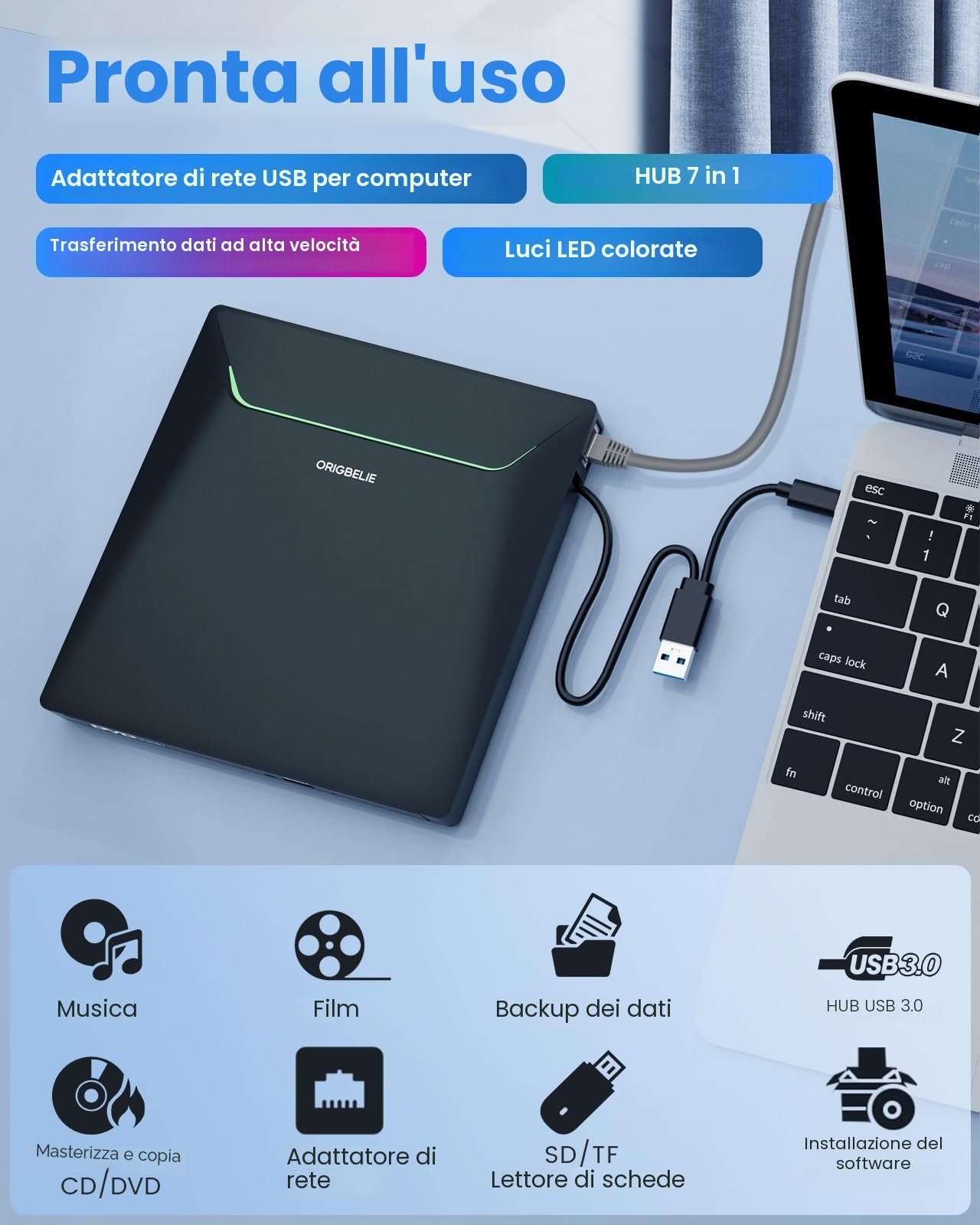 Nuovo Masterizzatore DVD Esterno, USB 3.0 Lettore DVD Esterno con Adattatore Ethernet, 3 Porte USB e 2 Porte TF/SD Card, Lettore CD Esterno per PC Portatile MacBook Windows Linux Mac OS con Custodia