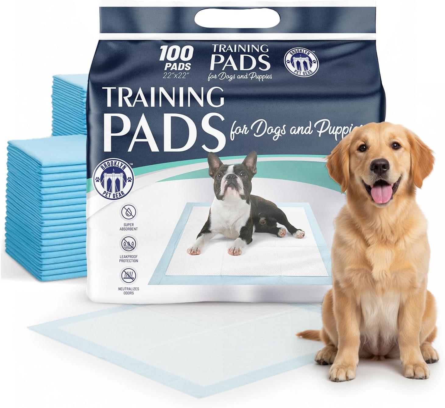 BPG Puppy Pads 100 Count – Super Absorbent Training Pads for Dogs and Puppies, Leak-Proof Protection, Odor-Neutralizing Disposable Dog Pee Pads Essentials, 22"x22"- BROOKLYN PET GEAR