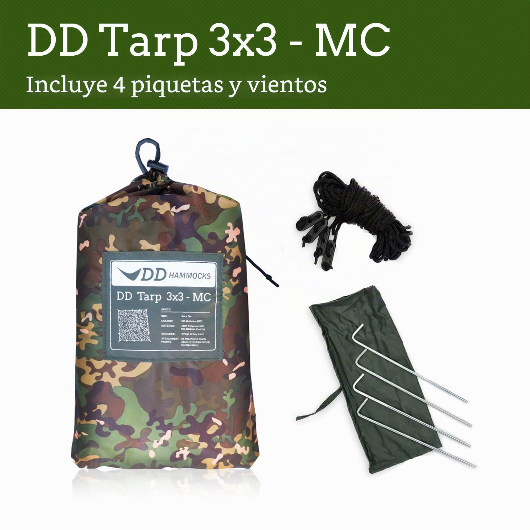 DD Hammocks - DD Tarp 3x3 - MC - Refugio Ligero de Lona de Camuflaje para Hamaca, Camping y Aventura al Aire Libre