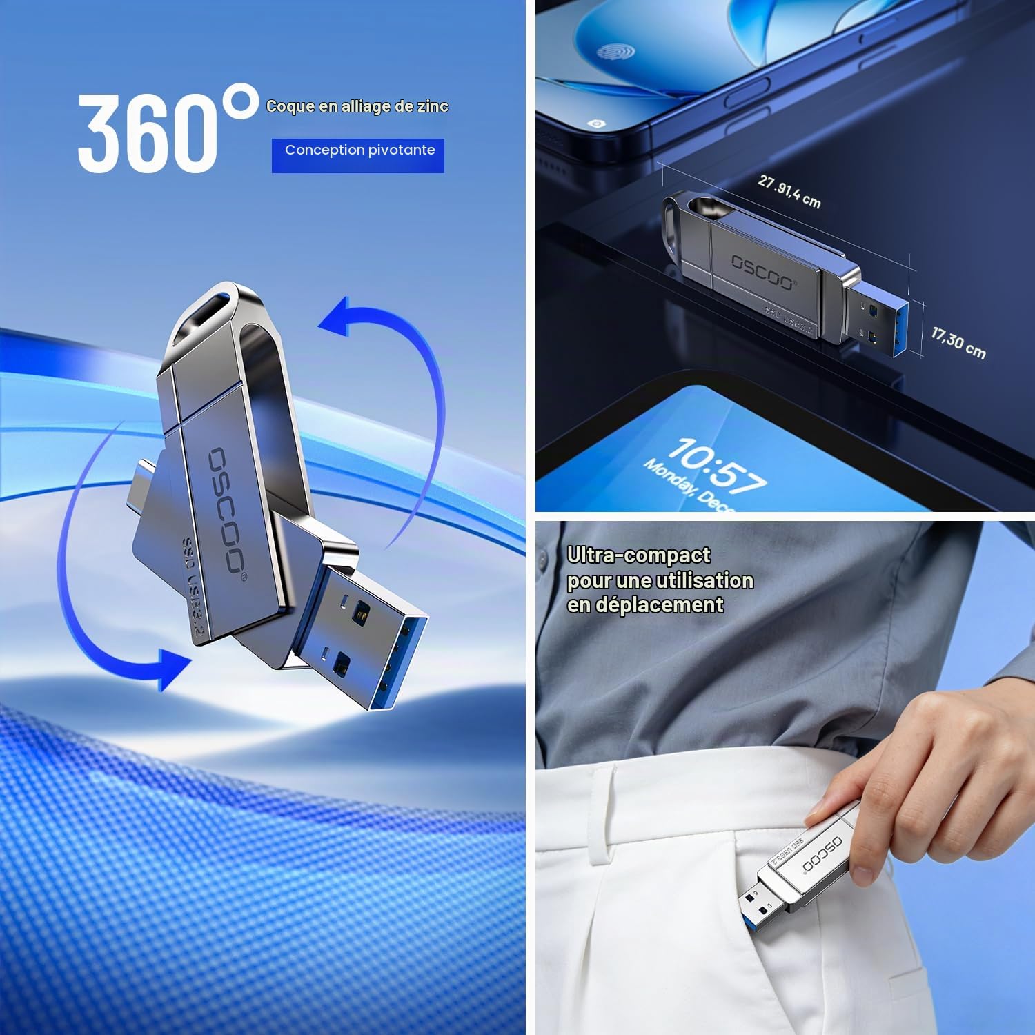 256Go Dual SSD USB Flash Drive,USB-A USB-C 550Mo / s Clé USB,Métal Pivotant