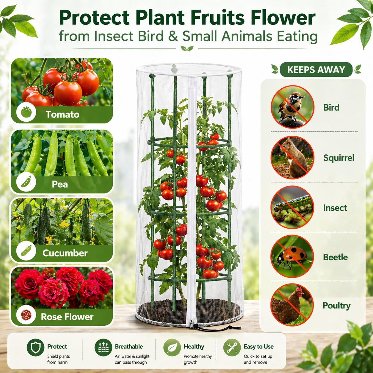 Vogelschutznetz & Insektenschutznetz für Tomaten Rankhilfe und Rankgitter, ohne Gestänge, 3er Set Rundes Pflanzenschutznetz Ø45 × 155 cm, Engmaschiges Gemüseschutznetz mit Reißverschluss und Zugband