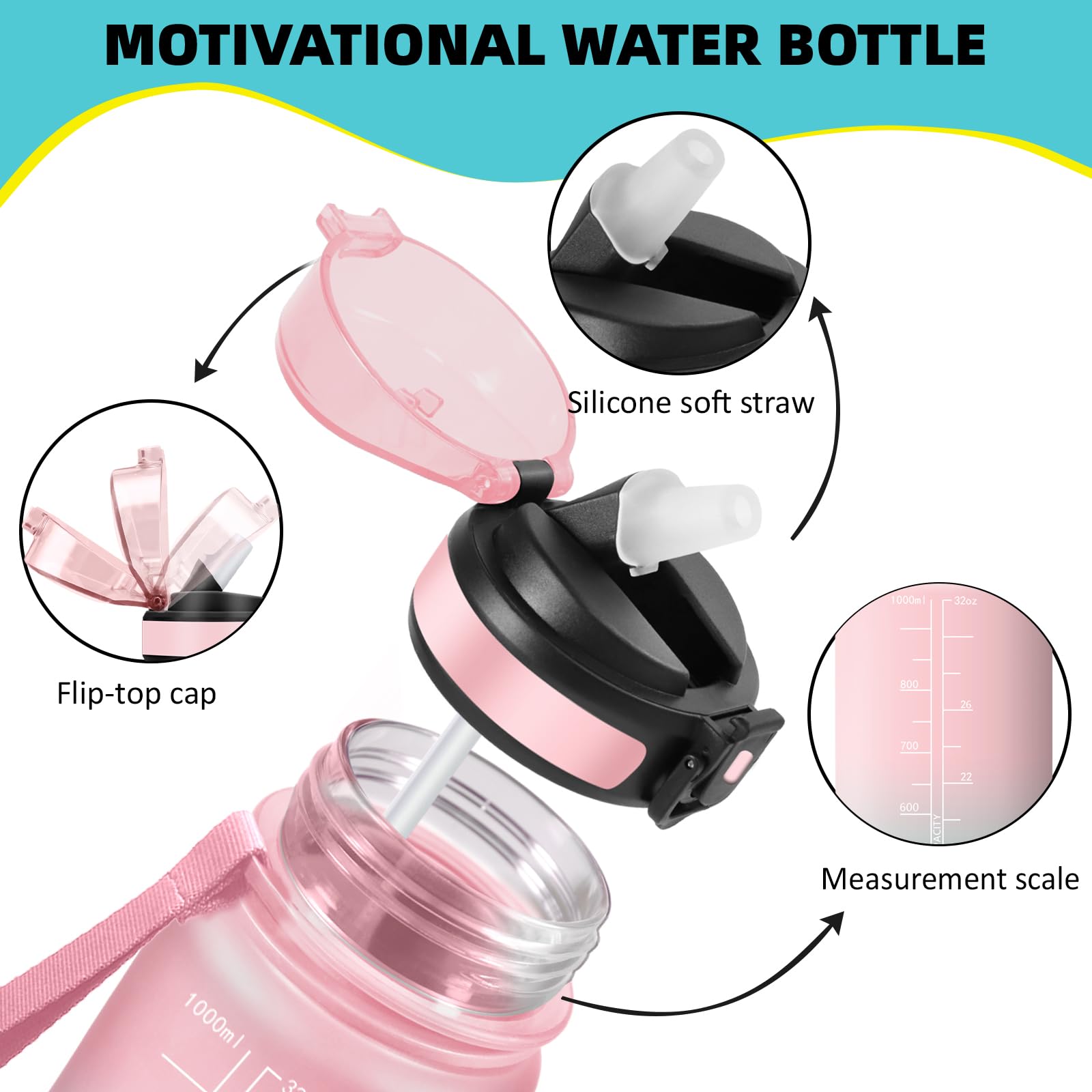 Botella Agua 1 litro, Botella Agua Gimnasio con Pajita, Diseño de Cerradura, Cantimplora, con Marcador de Tiempo, A Prueba de Fugas Cantimplora para Exteriores, Bicicleta, Gimnasio - 3