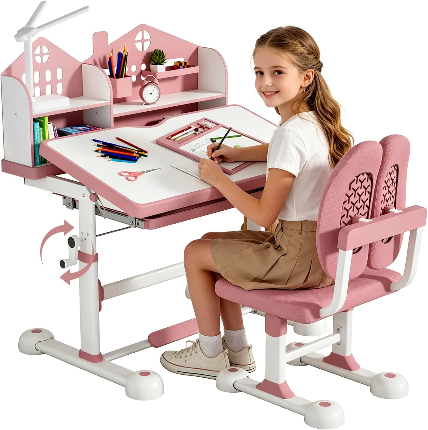 Kids Desk and Chair Set for 3-12 Years, Kids Desk Height Adjustable, Children Study Table – 55° Tiltable Desktop Writing Board, Multi-Functional Children Desk with 3 Mode LED Lamp (Pink, with Lamp)